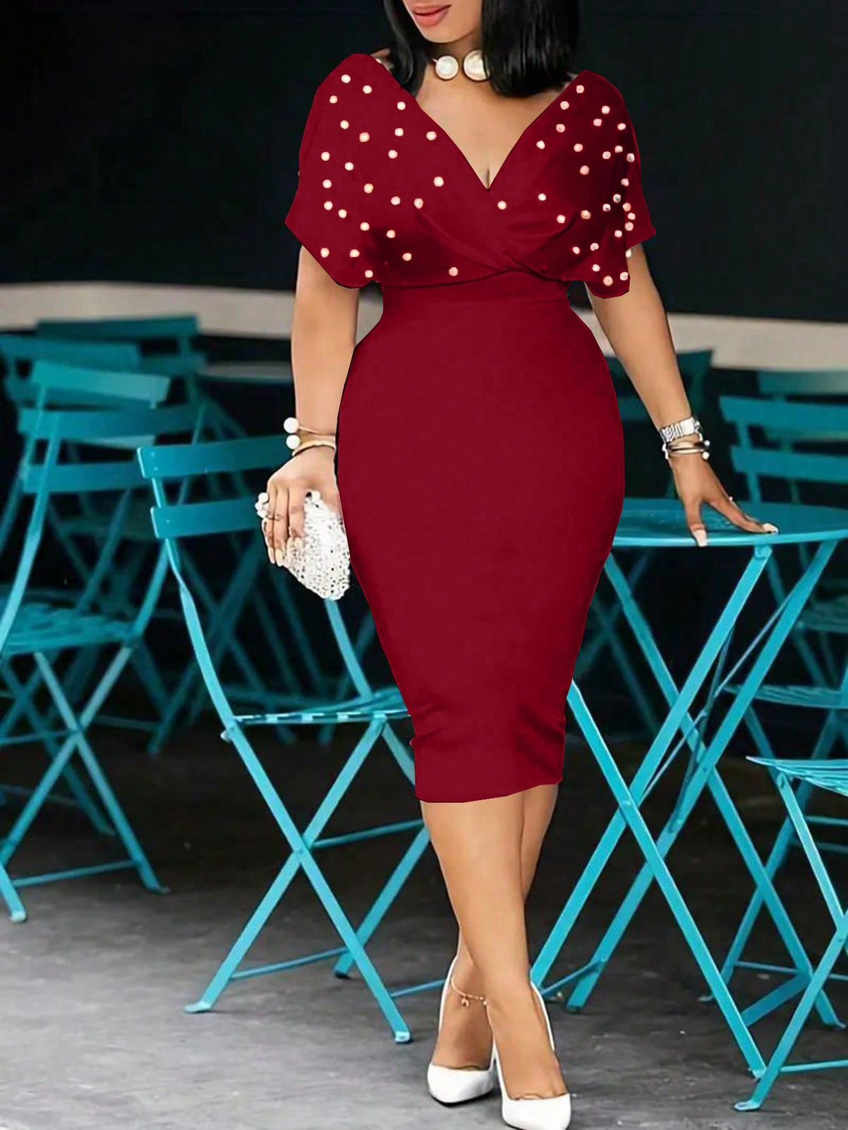 EMERY ROSE Vestido de fiesta con cintura con cuentas y cuello en V para mujer, primavera/verano