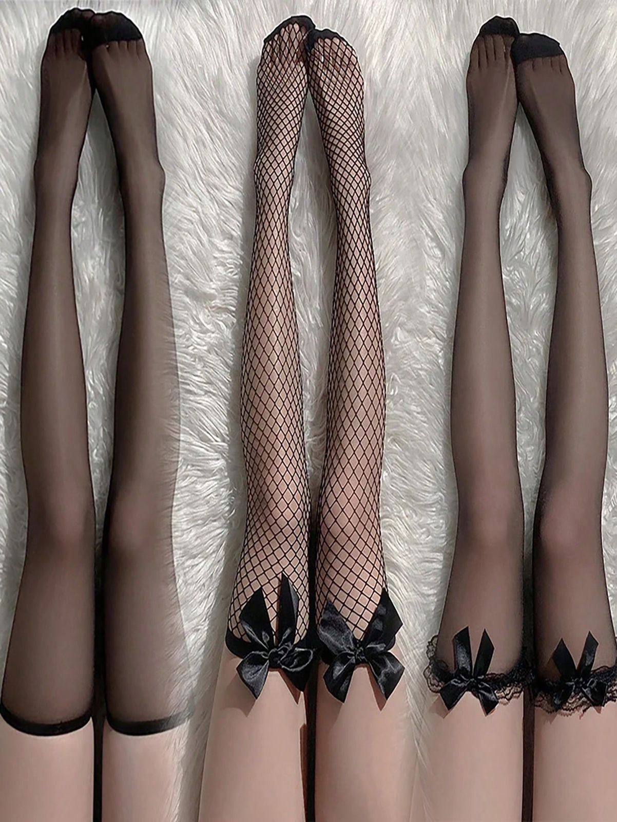 3 Pares De Medias Largas Hasta El Muslo Negras Y Blancas Sexys Para Mujeres Y Chicas Dulces Con Diseño De Lazo Estilo , Calcetines De Malla De Red De Pesca Alta Góticos Punk De Encaje