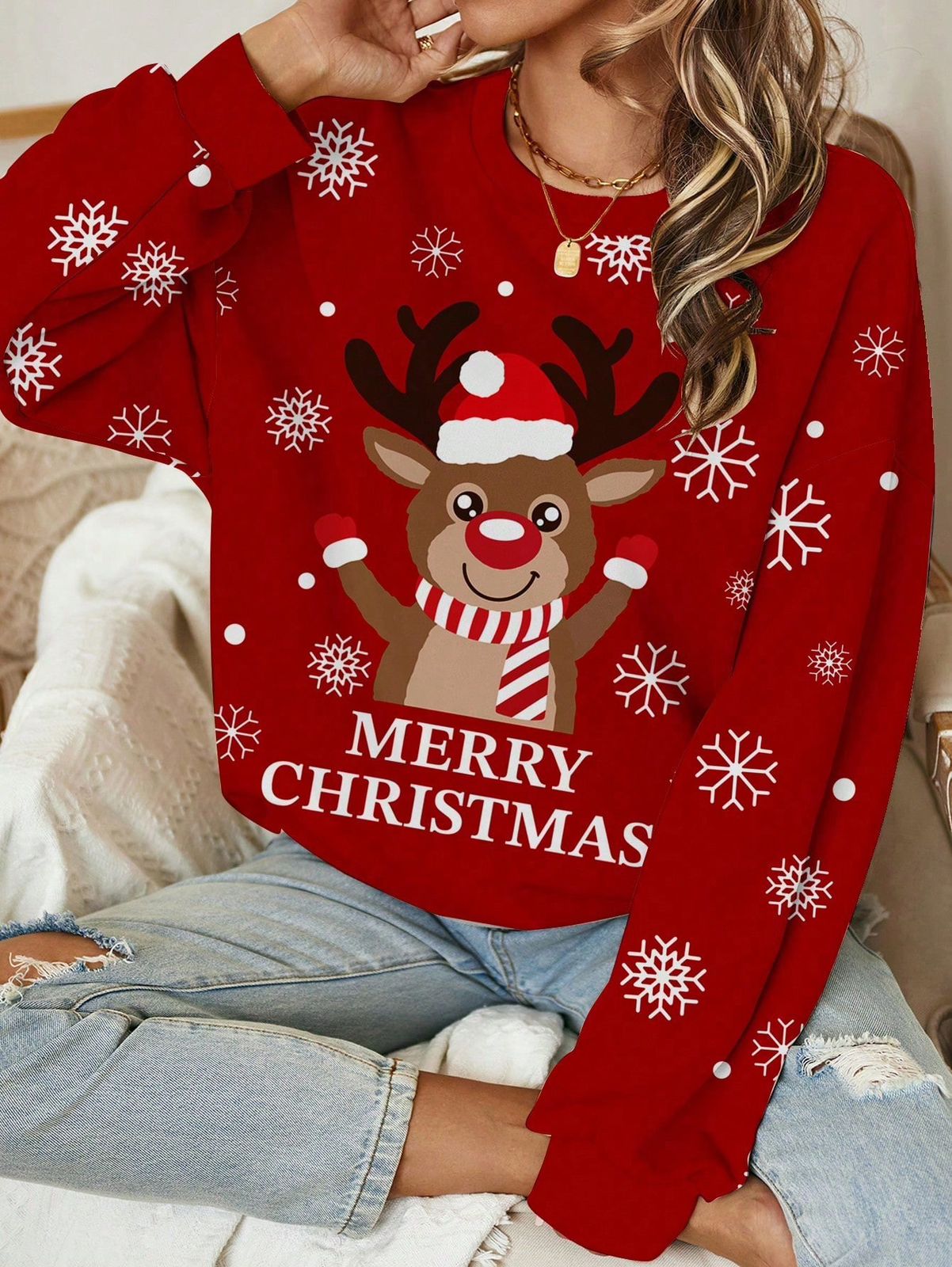 SHEIN LUNE Sudadera suelta de cuello redondo de manga larga con estampado minimalista casual, adecuada para el verano para mujeres
