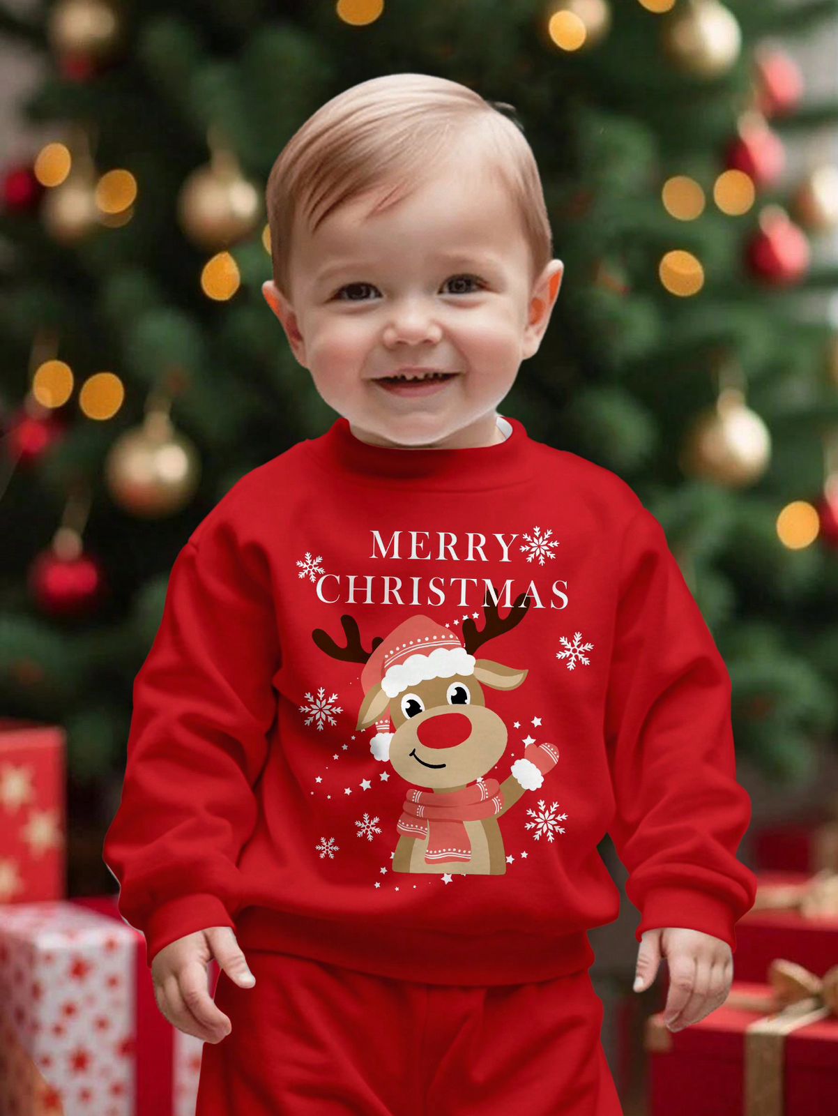 SHEIN Suéter tejido grueso de cuello redondo para bebé niño con estampado de renos de Navidad, apto para otoño/invierno