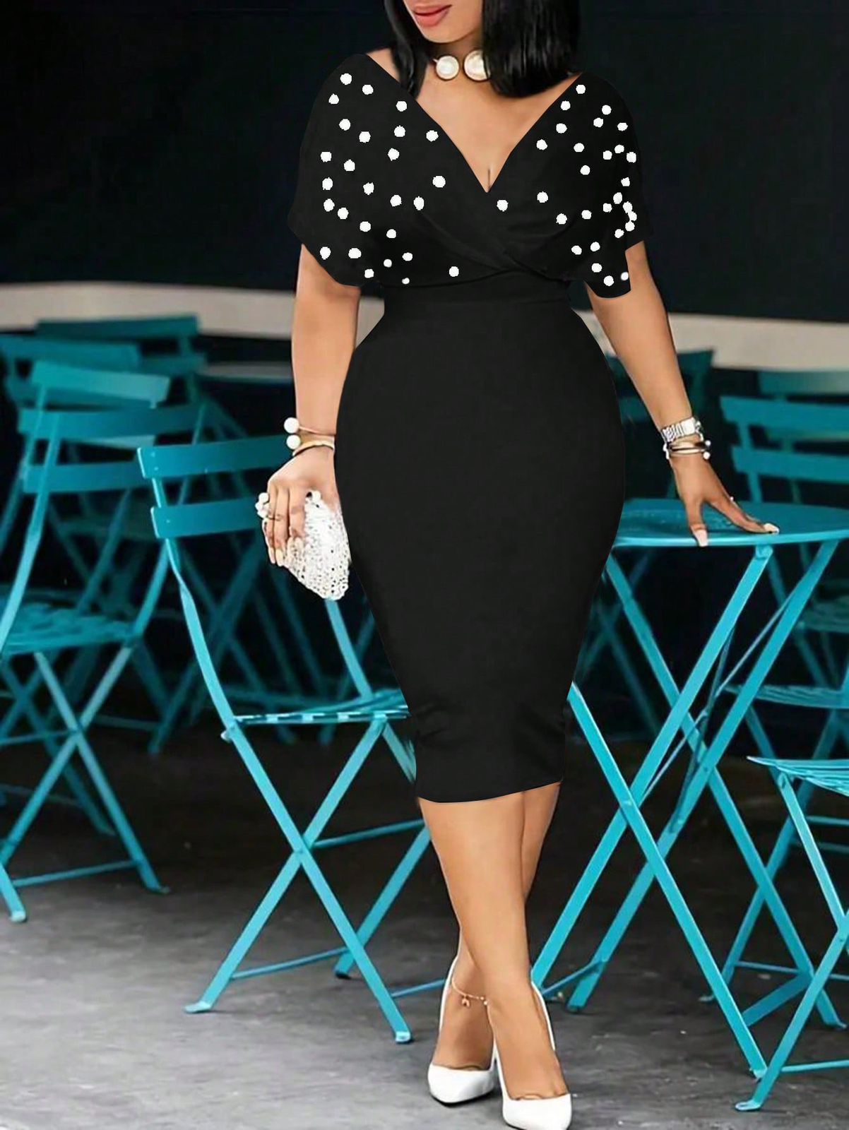 EMERY ROSE Vestido de fiesta con cintura con cuentas y cuello en V para mujer, primavera/verano