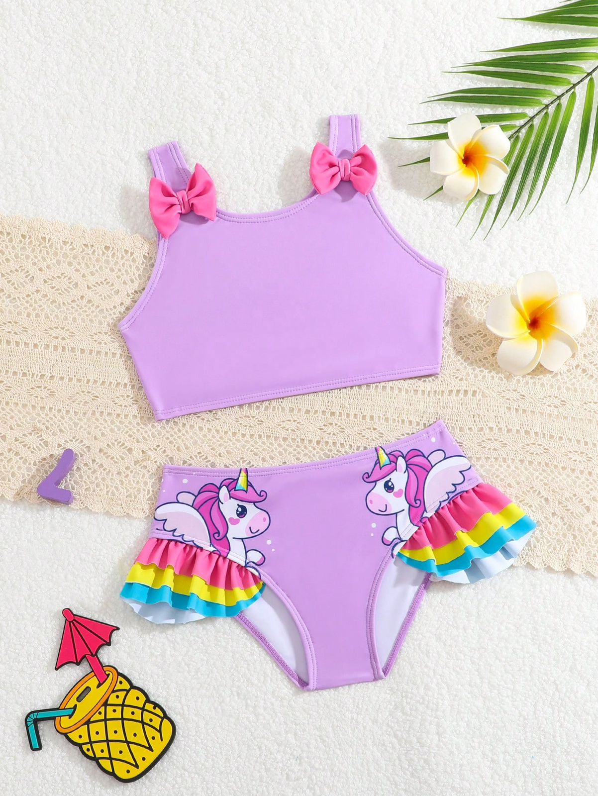 Conjunto de bikini simple con estampado para niña joven, con decoración de lazo para playa de verano