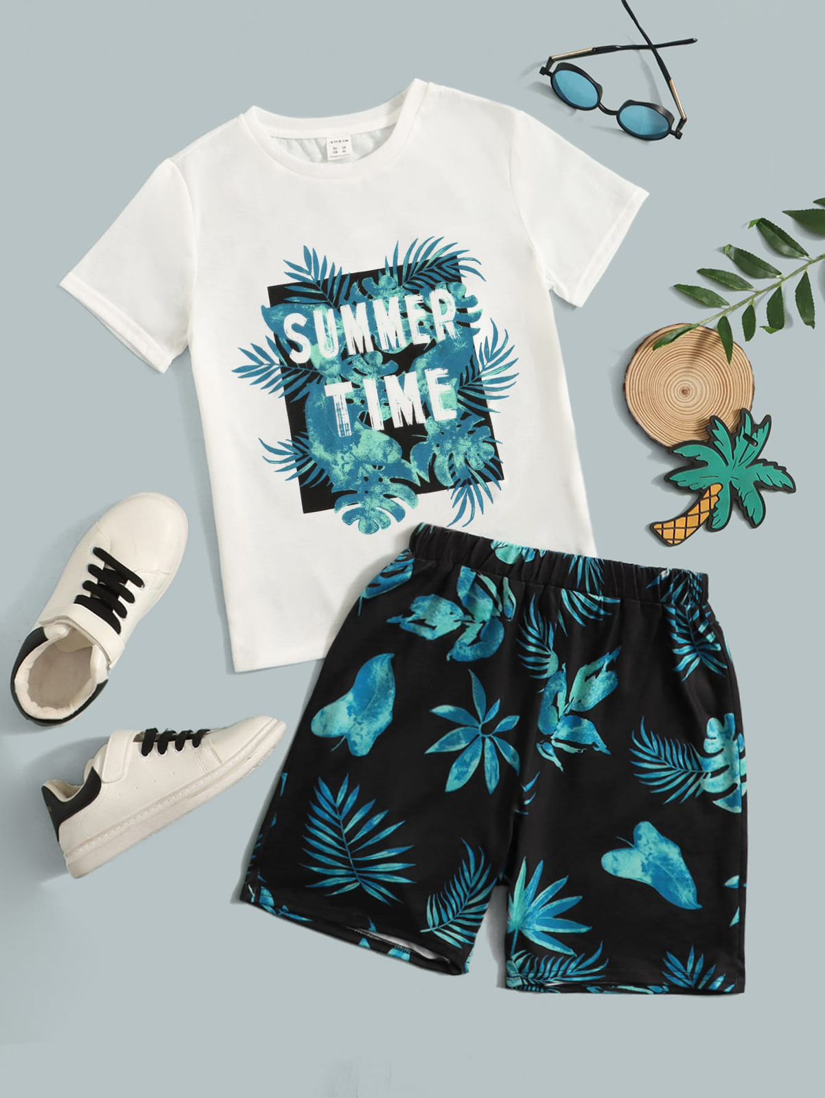 Conjunto de niño Summer Time, Negro y blanco con flores celeste