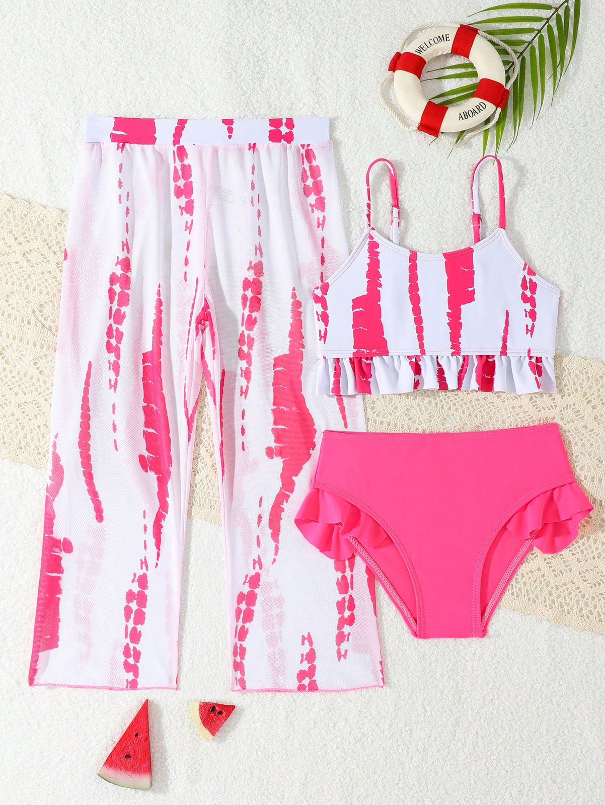 Set de 3 piezas de ropa de baño para niña joven con camisola y cubierta tie-dye aleatoria, pantalones largos y pantalones de triángulo coloridos separados
