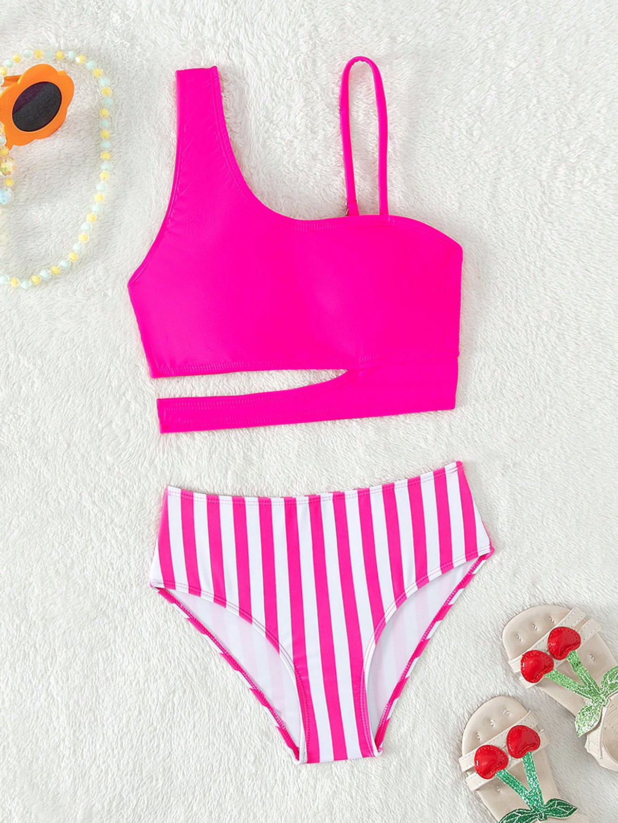 Conjunto de bikini asimétrico con cortes para niña preadolescente a rayas para playa de verano