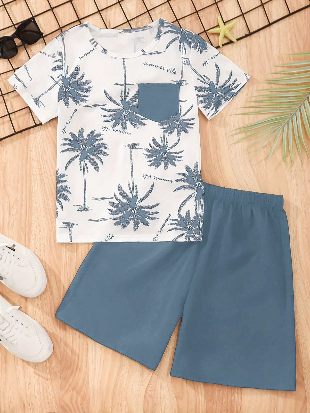 Set de 2 piezas de camiseta de manga corta y shorts de estilo casual de vacaciones para niños adolescentes para primavera-verano