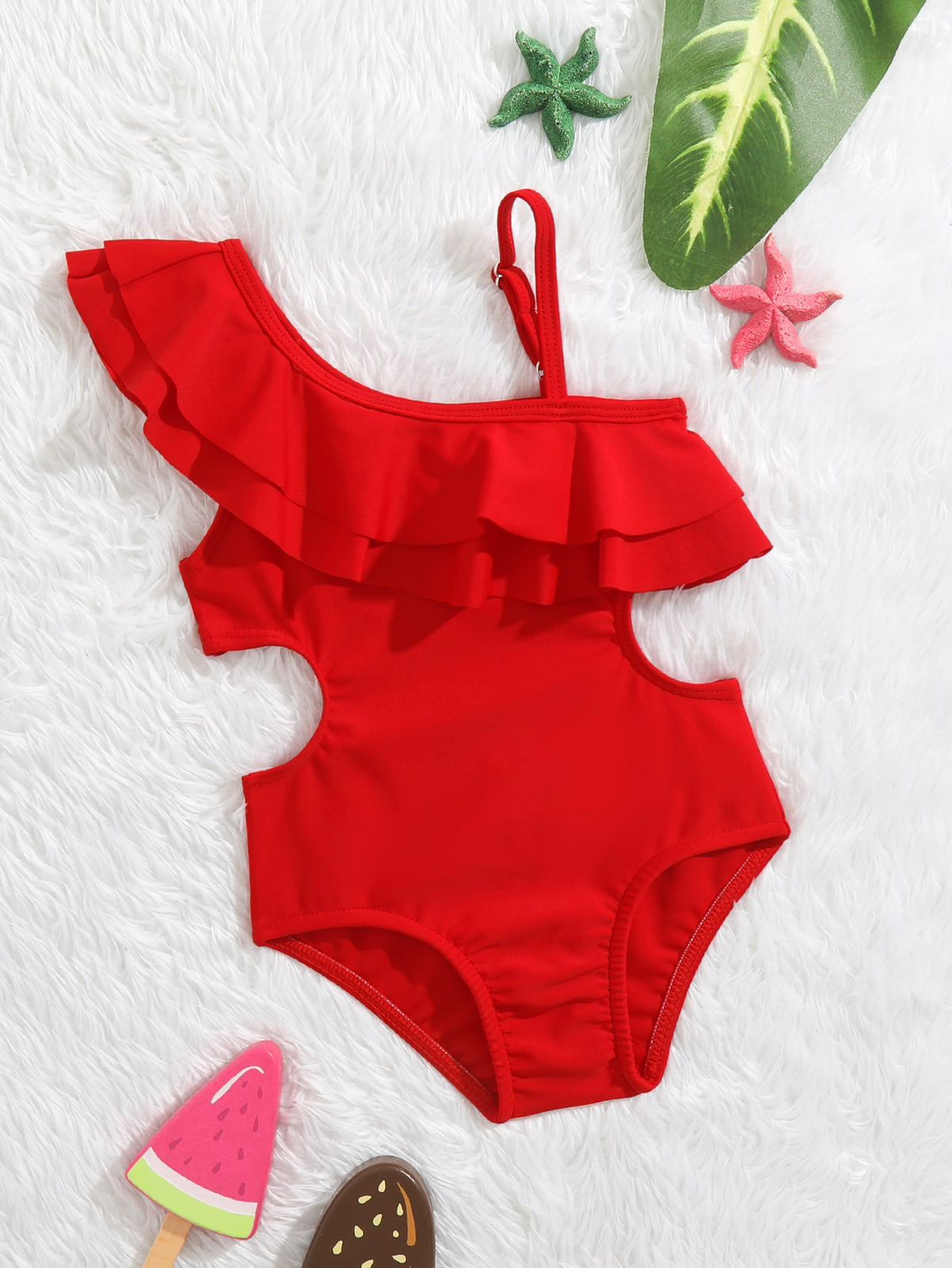 Traje de baño de una pieza con volante doble rojo para bebé niña con tirantes ajustables para vacaciones en la playa en verano
