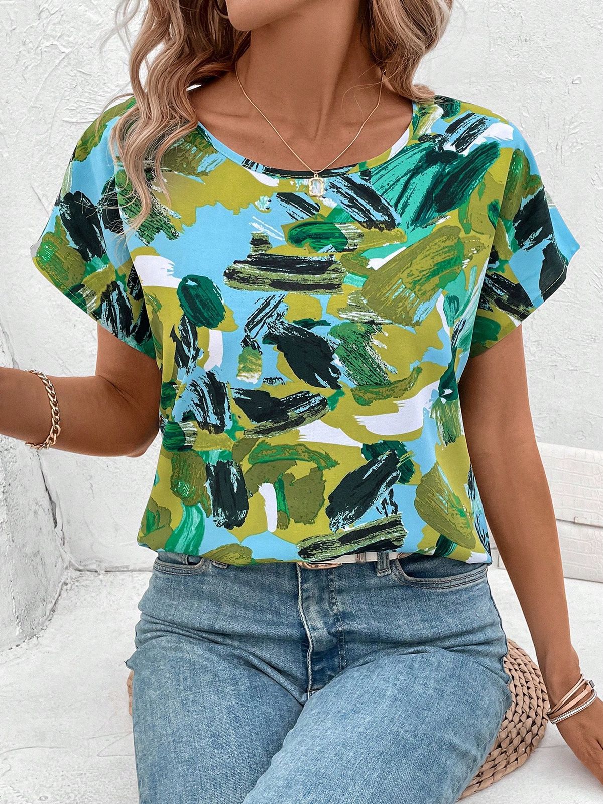 SHEIN LUNE Blusa de mujer con manga de murciélago estampada al azar, tops de manga corta