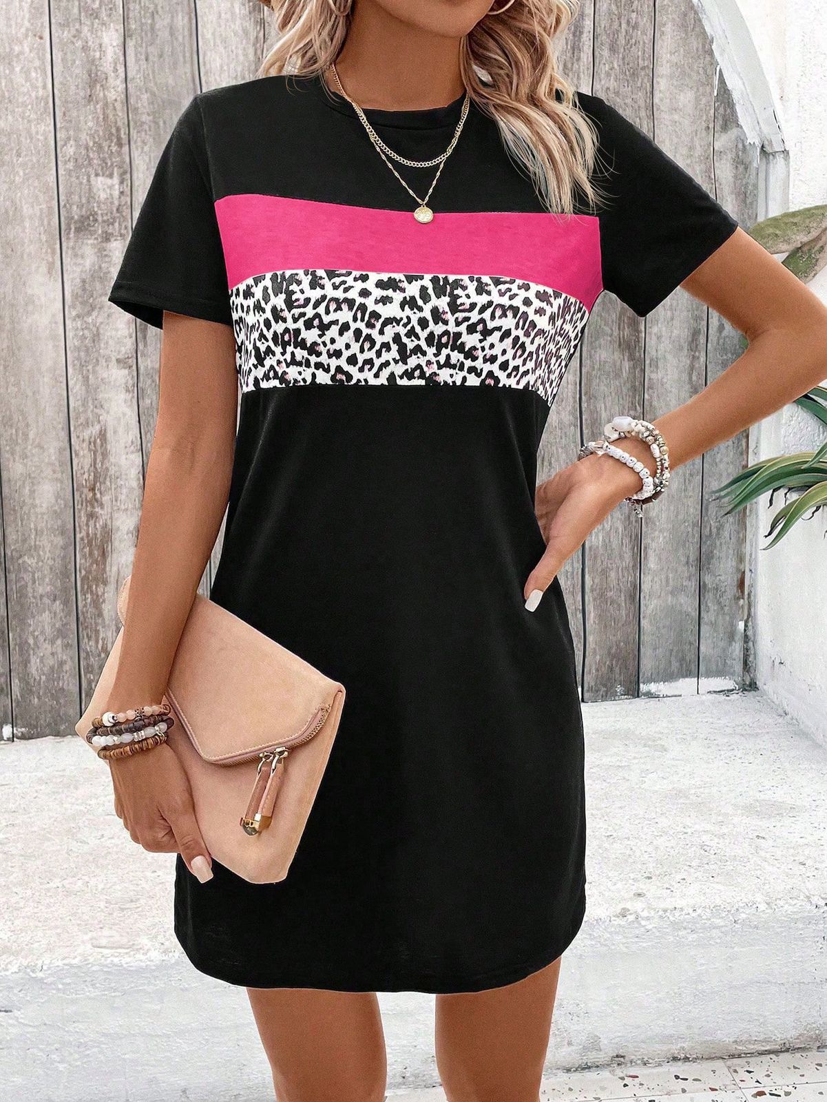 SHEIN LUNE Vestido De Verano Para Mujer Con Cuello Redondo, Manga Corta Y Bloque De Color