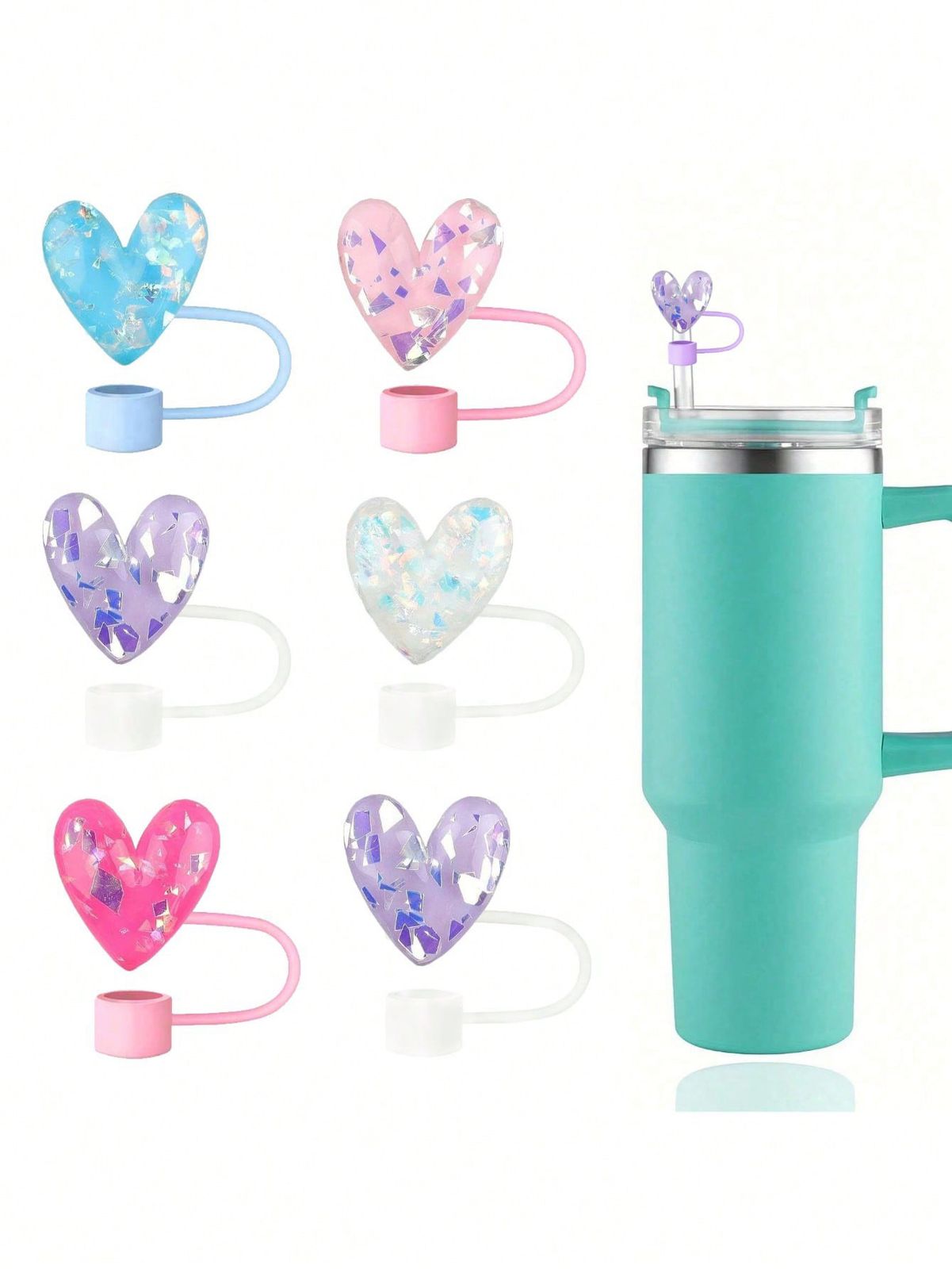 Tapa de silicona para sorbetes de 10mm/0.4in, accesorios para taza de 30/40 Oz con asa, funda de sorbete con diseño de corazón para taza, tapa reutilizable para sorbete para taza