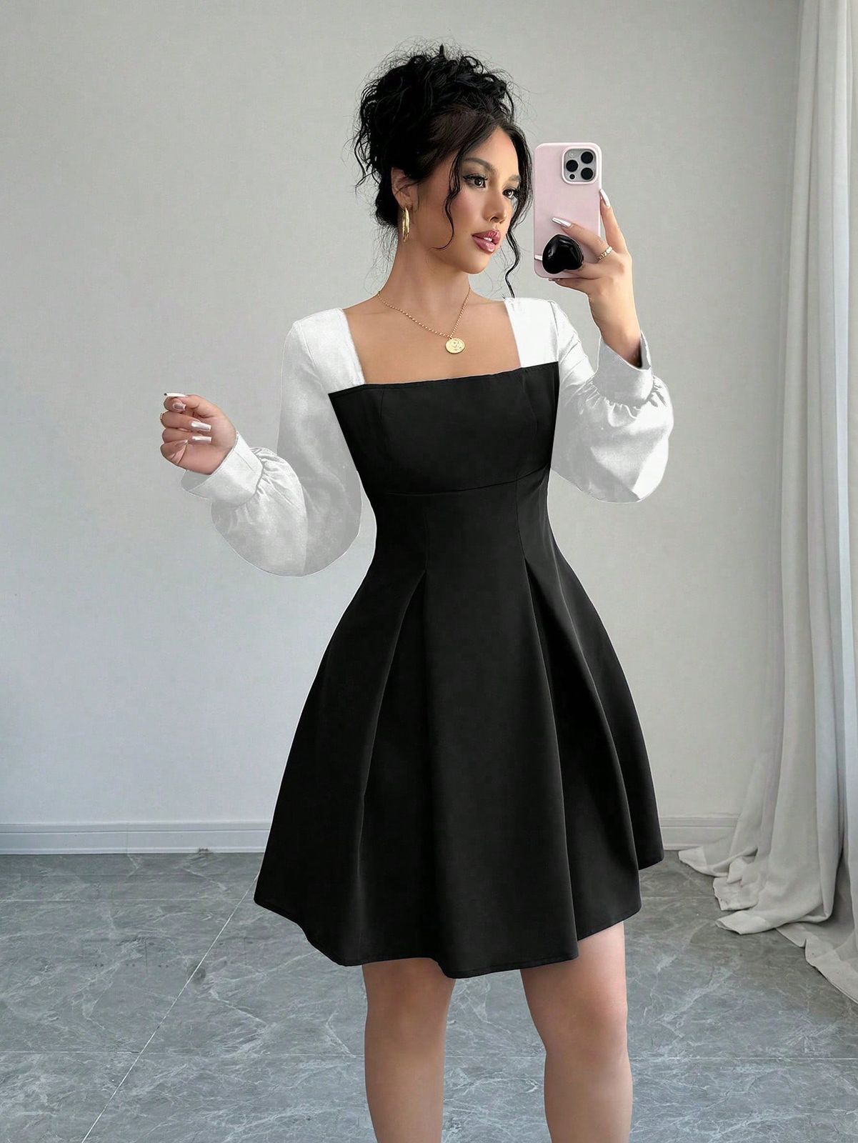 SHEIN Raffinéa 1 pieza Vestido elegante de mujer con mangas largas y cuello cuadrado en bloques de color, otoño