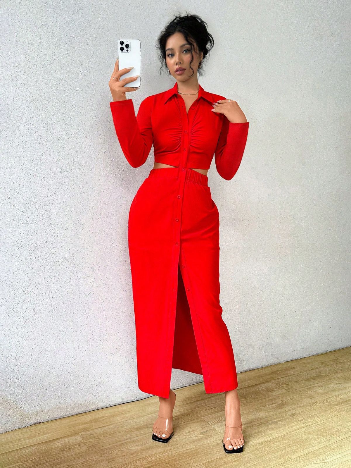 SHEIN Raffinéa Vestido largo de manga larga con abertura con botones frontales y diseño calado, ropa casual de uso diario.