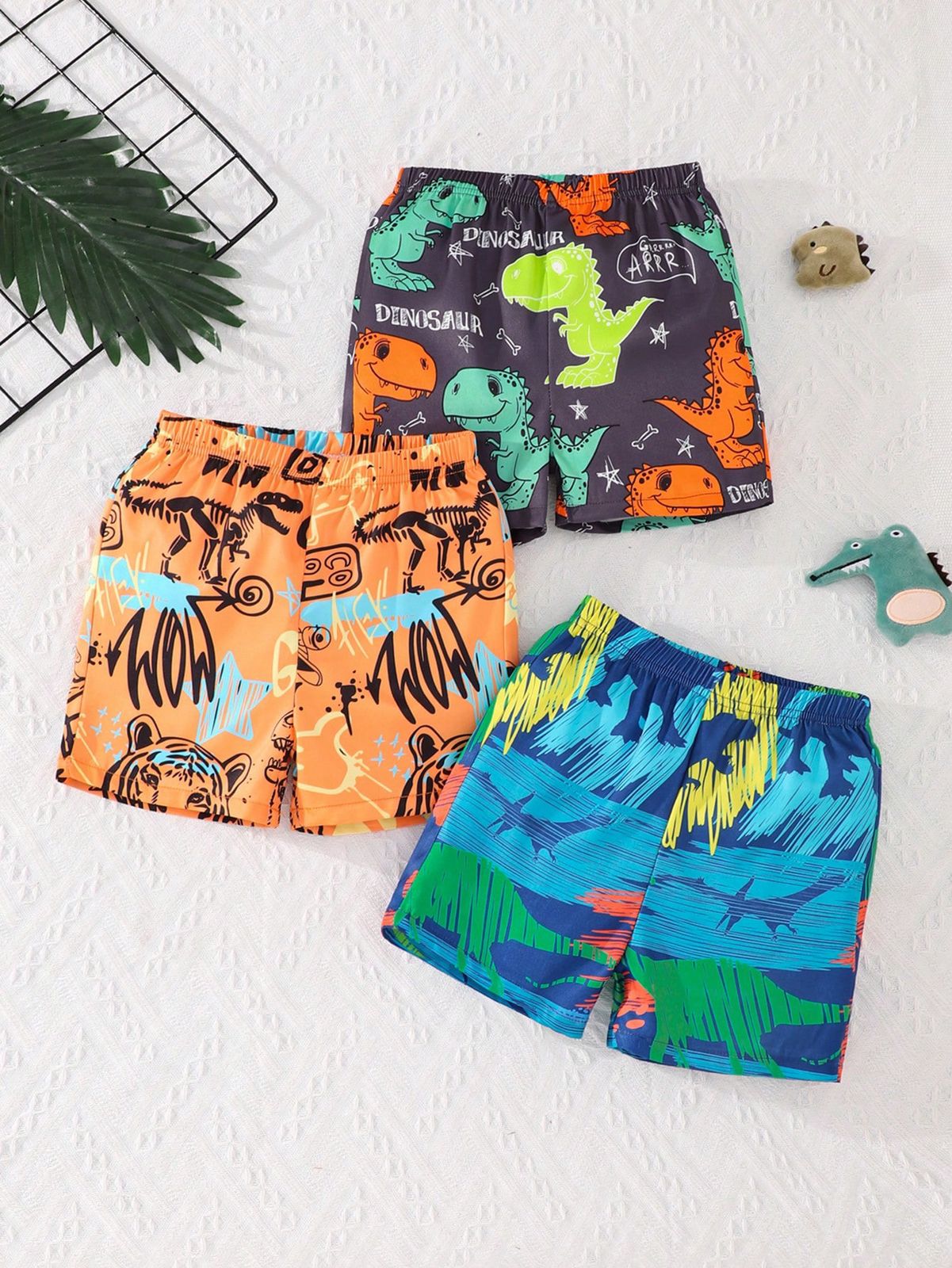 3 piezas/Conjunto Shorts casuales sueltos con estampado de dinosaurio para niño joven, verano