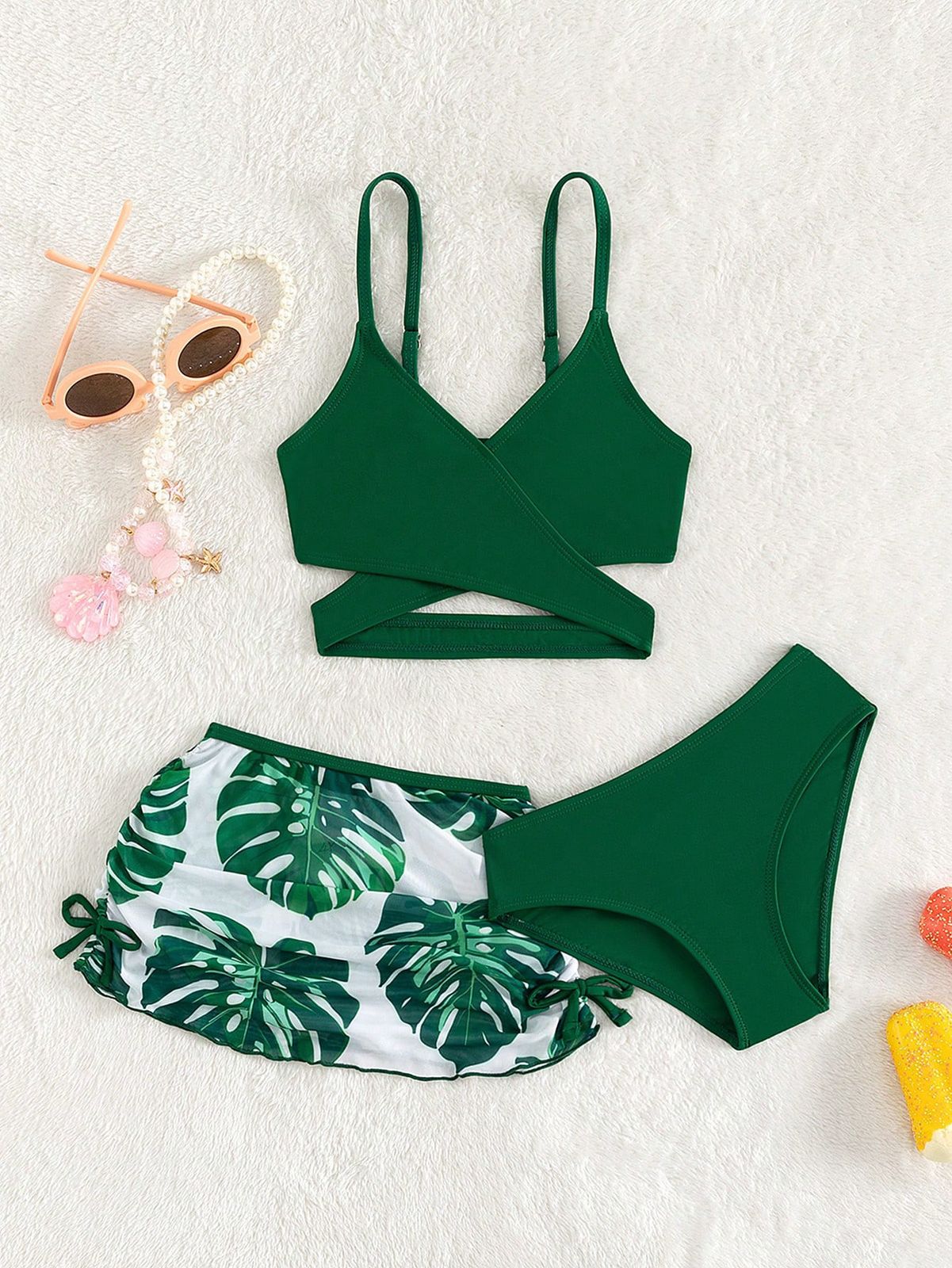 Conjunto de bikini de estampado tropical con cruce en el pecho y falda de playa para niña joven, playa de verano
