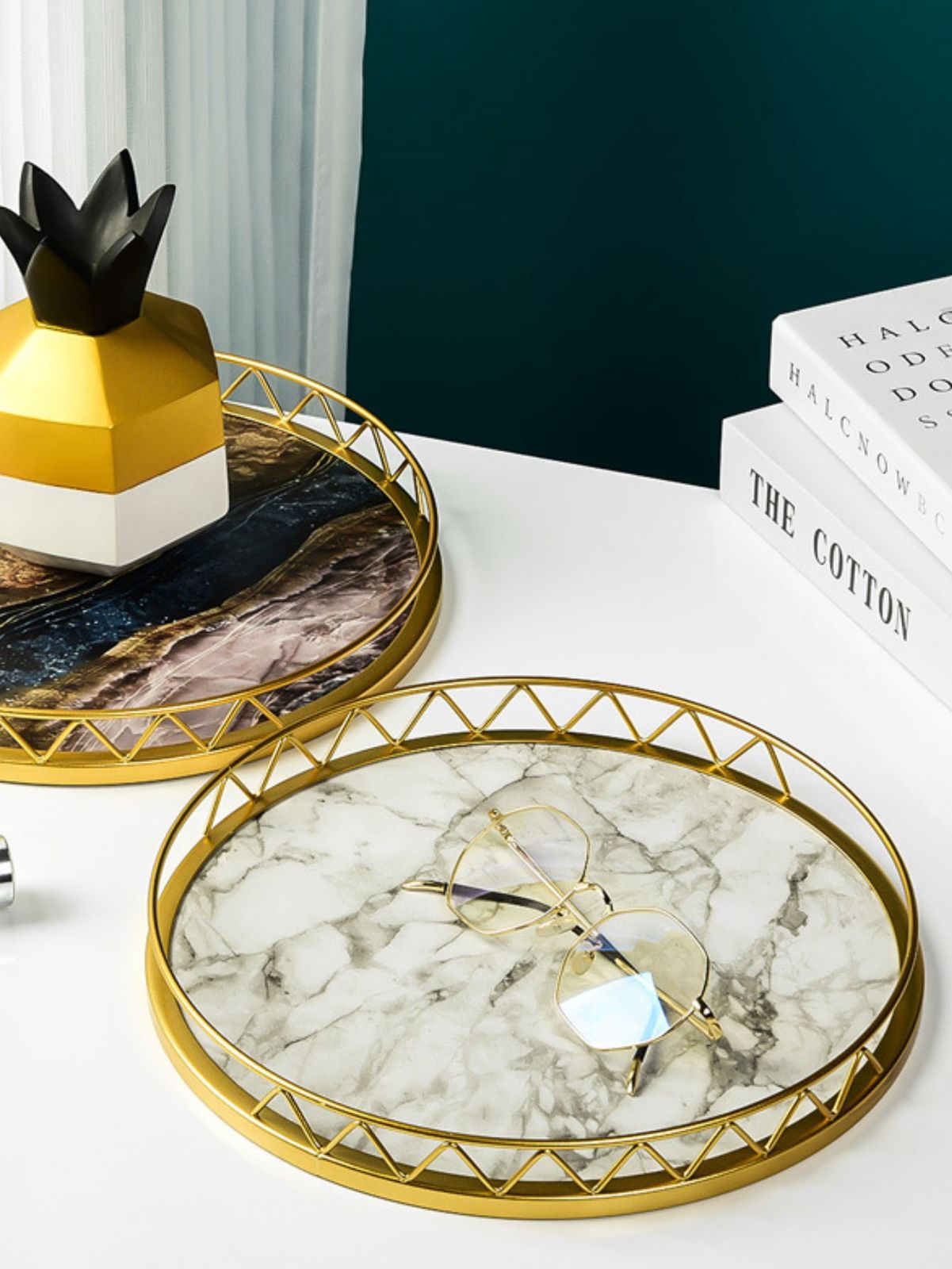 Bandeja redonda pequeña de metal dorado con patrón de mármol, organizador de almacenamiento para decoración del hogar, mejor regalo