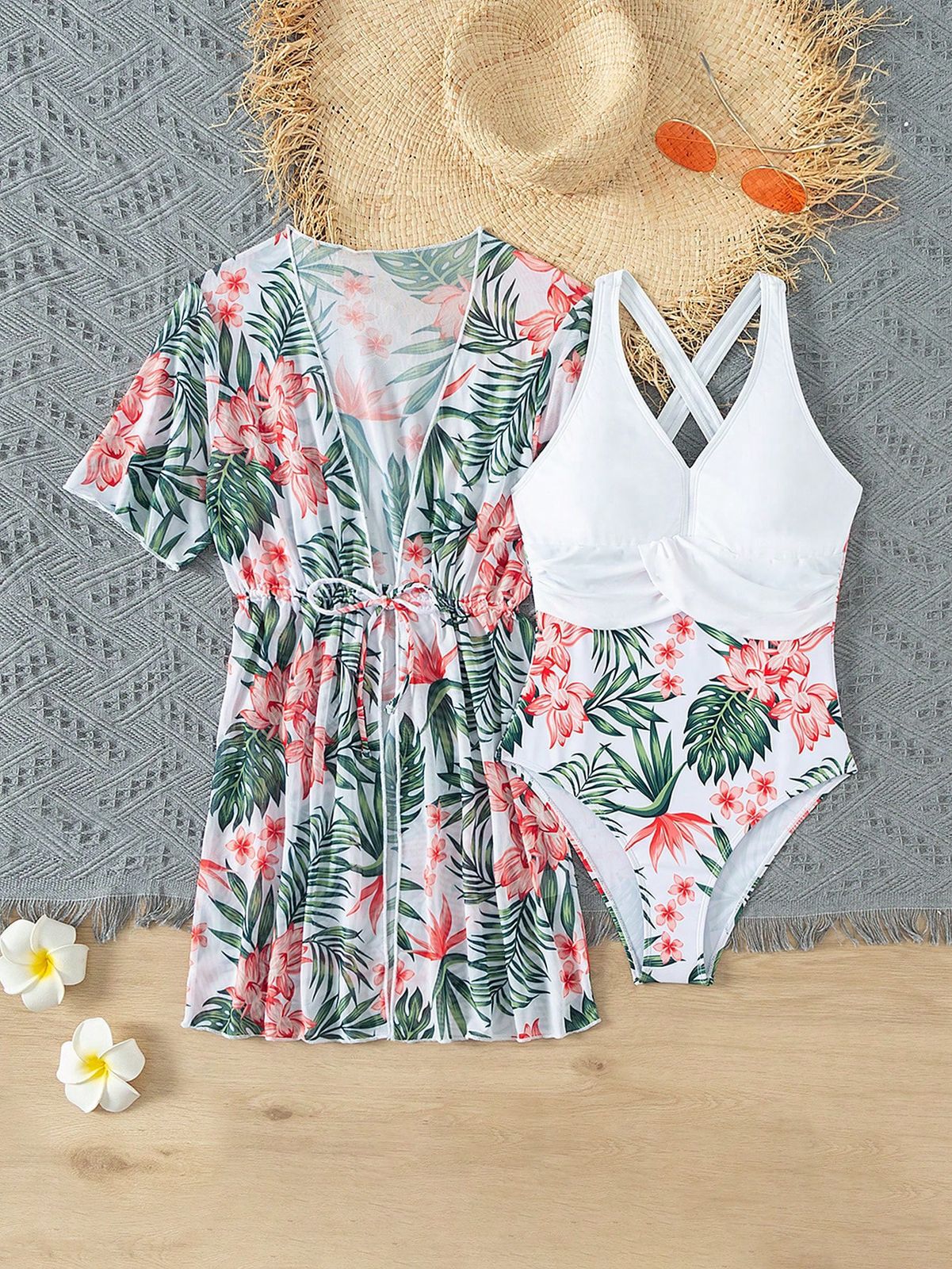 Traje De Baño De Una Pieza Con Espalda Cruzada Y Estampado Tropical Para Adolescentes Con Cordón En La Cintura