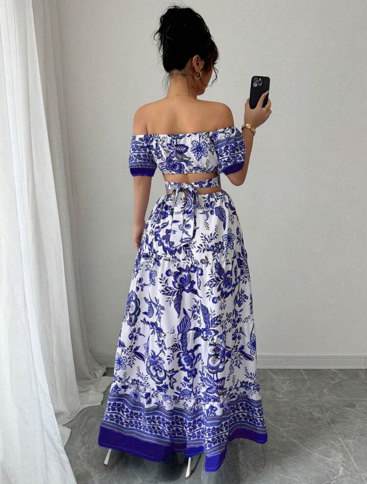 Rafferiza Vestido informal de estilo vacacional con hombros descubiertos y lazo en la espalda