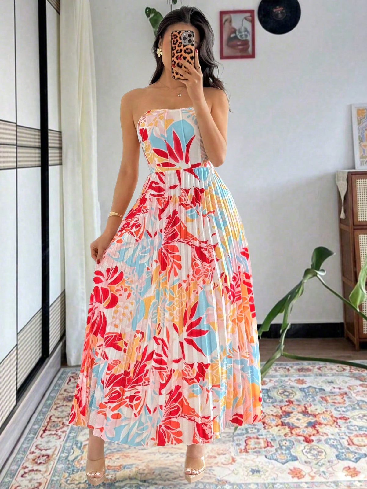 Islaluna Vestido tubo con estampado completo y dobladillo fruncido para mujer, adecuado para vacaciones