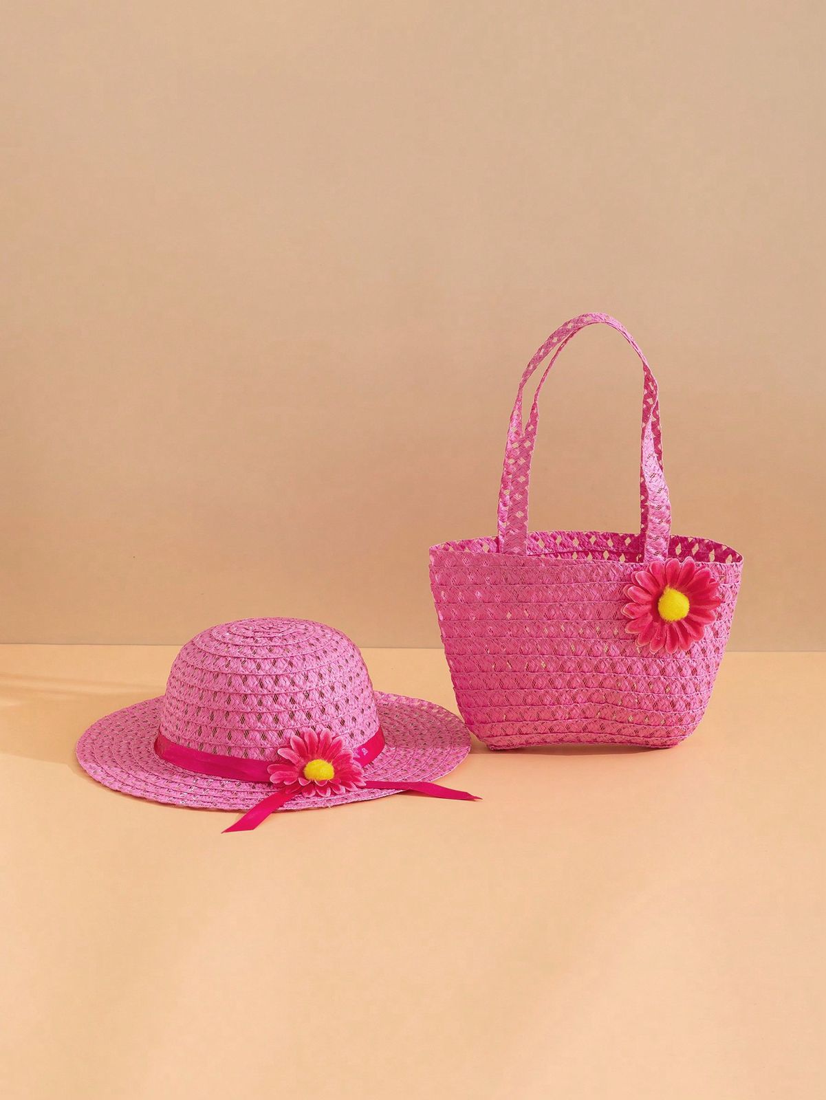 Set de gorro y bolso para el sol con flores para niñas, adecuado para ropa de vacaciones de primavera/verano, uso diario, protección UV. 2 piezas.