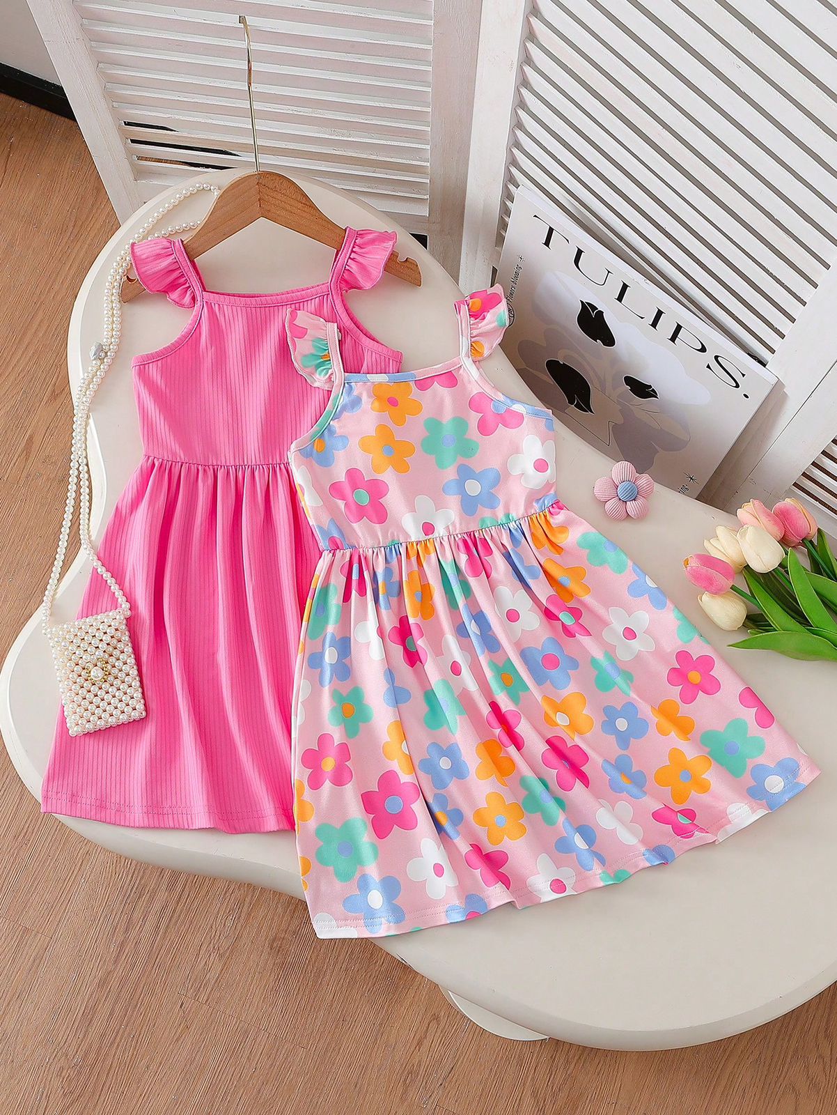 Set de 2 vestidos casuales para niñas con estampado floral, tirantes con volantes y cintura elástica, adecuados para uso diario, playa y vacaciones en verano