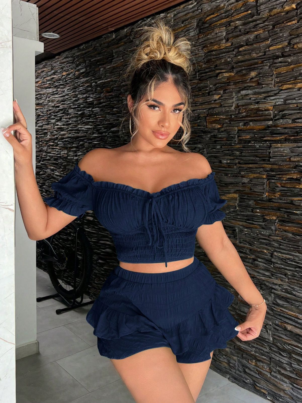 SHEIN SXY FALDA azul con volantes de tela texturizada suelta para mujer en verano, FALDA cortA fluidos para mujer