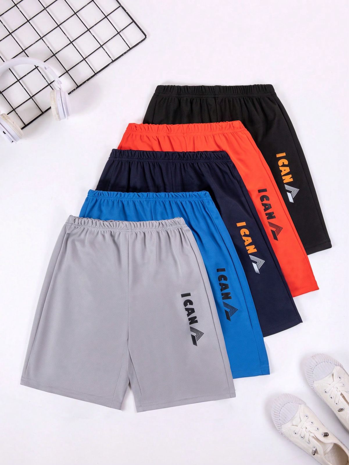 SHEIN Niño preadolescente 5 piezas Cortos deportivos informales impresos con letras cómodos, para verano