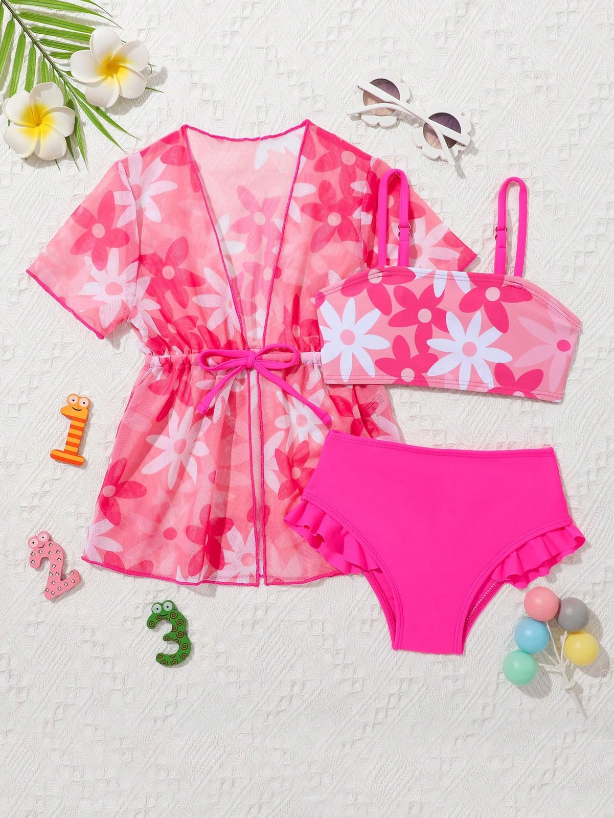 Ropa de playa para bebé niña con estampado floral, ribete de volantes y kimono para verano
