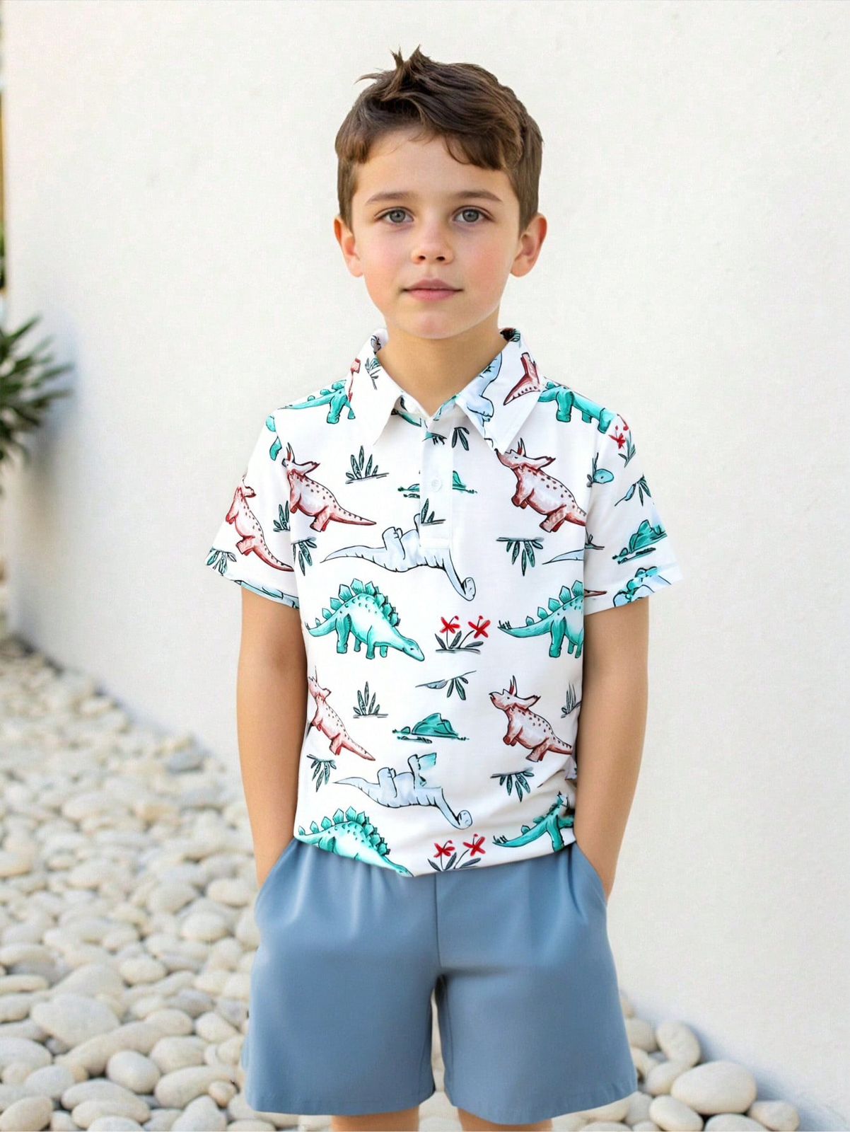 SHEIN Set de 2 piezas, top y pantalones cortos con estampado de dinosaurio para niño pequeño, look casual