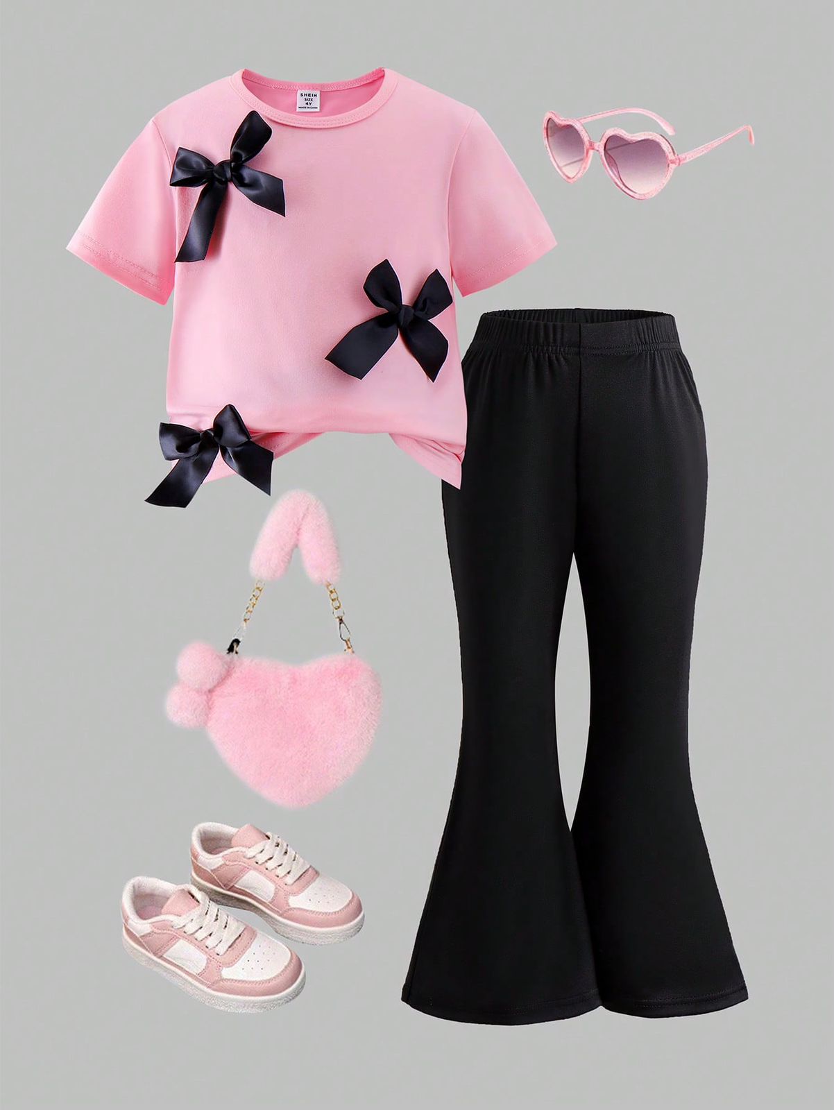 SHEIN Set de 2 piezas Ropa casual diaria para niña joven que incluye blusa rosada de manga corta con moño y pantalones negros acampanados, conjunto de verano lindo