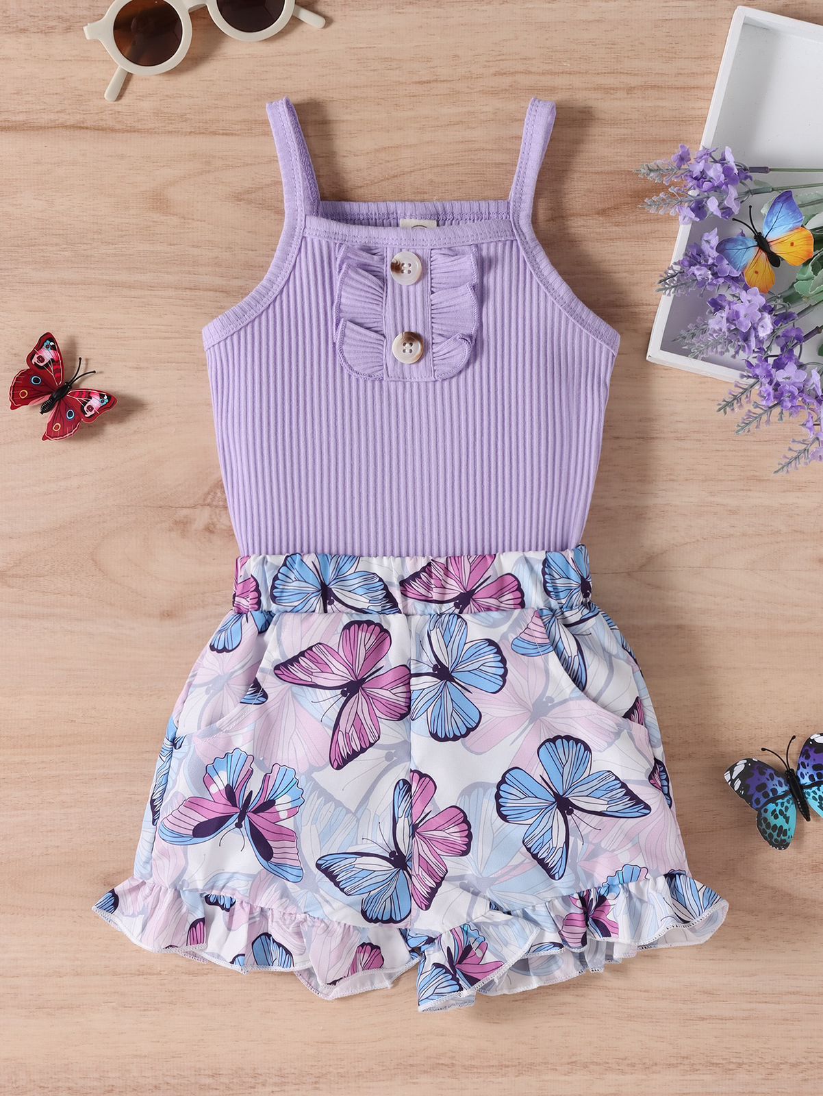 SHEIN Top Con Tirantes De Volantes Y Pantalones Cortos Con Dobladillo De Volantes Y Estampado De Mariposa Para Niñas Jóvenes