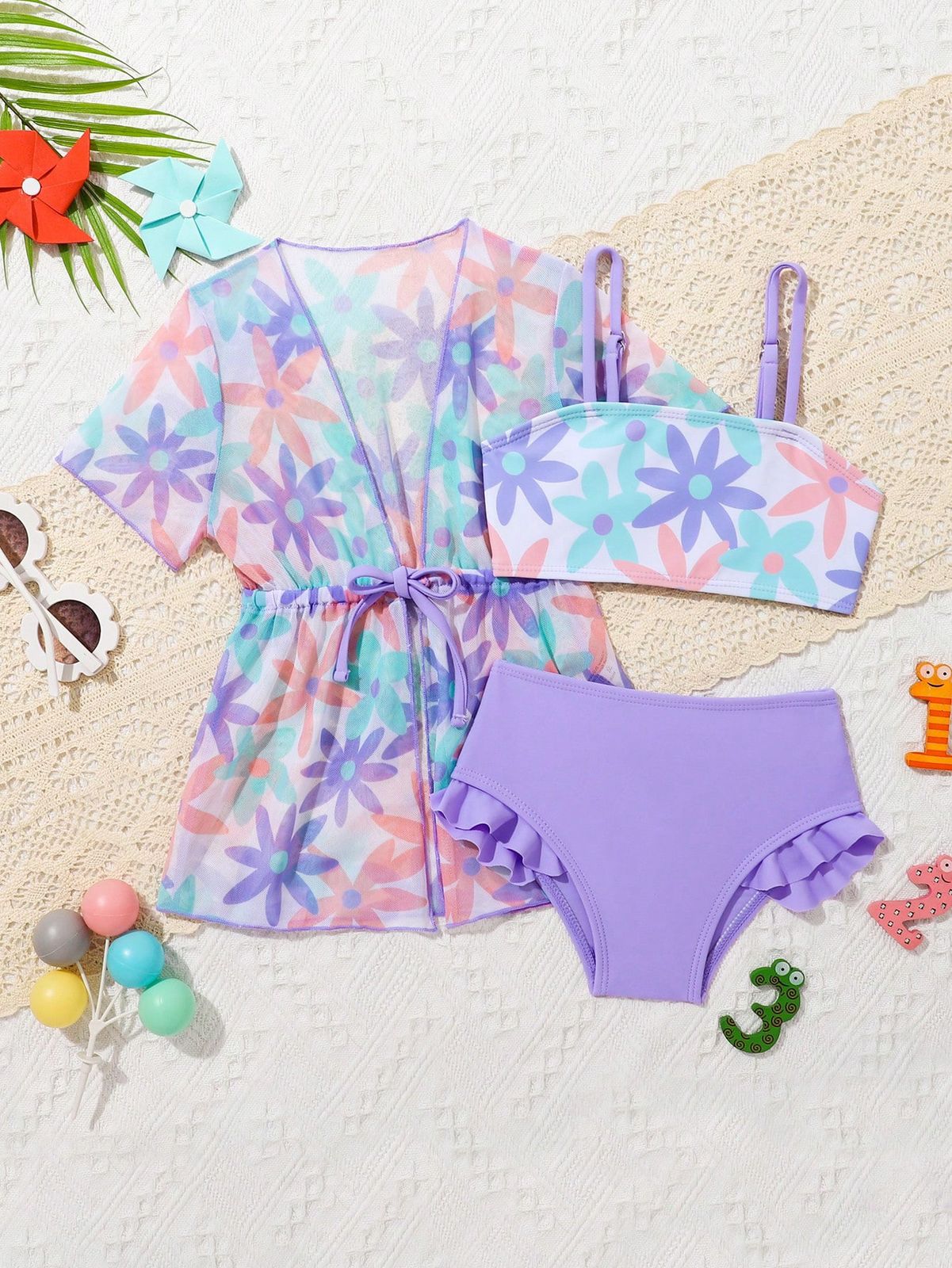Ropa de playa de verano para bebé niña con estampado floral, ribete de volantes y kimono