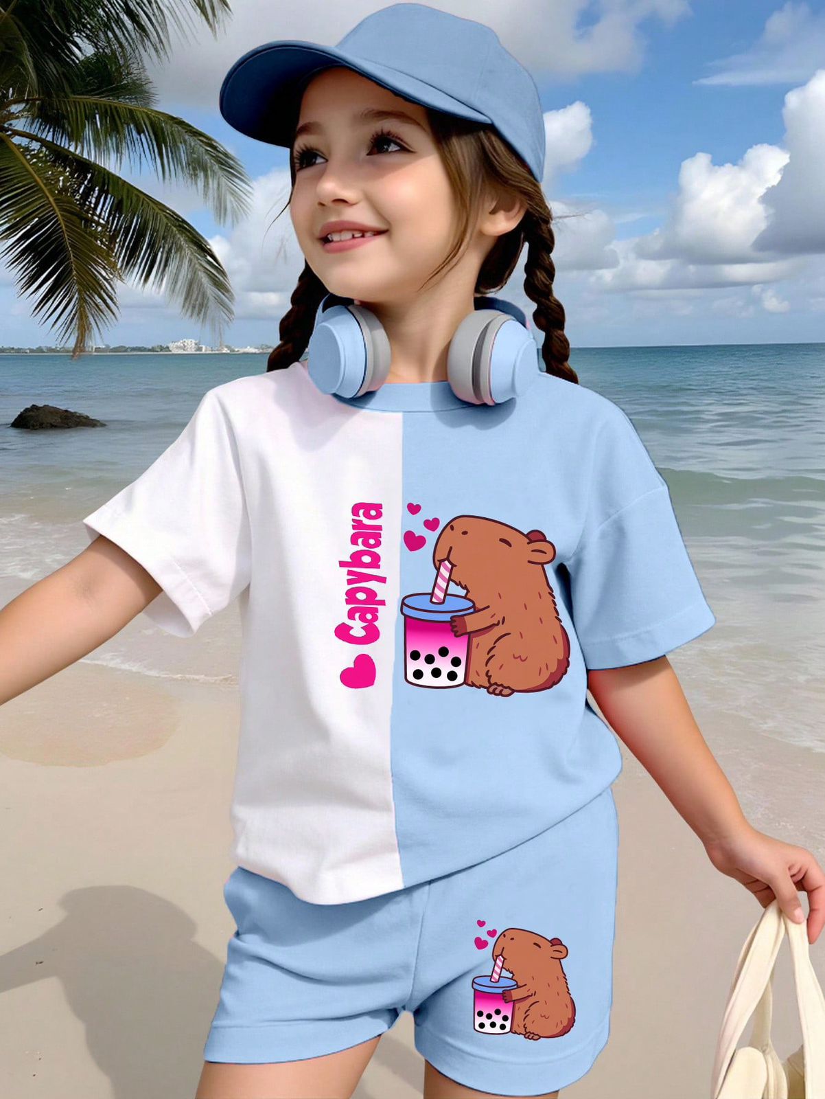 Conjunto informal de 2 piezas para niña pequeña con camiseta con estampado de taza de té con leche y dibujos animados, y shorts de ciclista