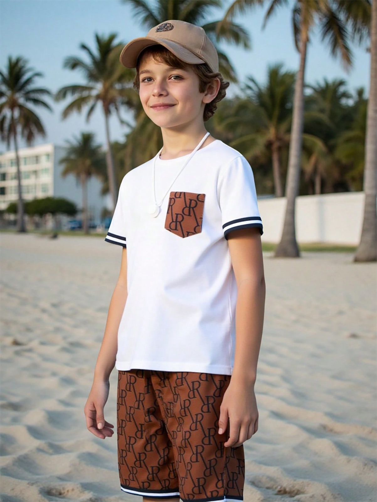 SHEIN Chico preadolescente Shorts con camiseta con estampado de letra ribete en contraste