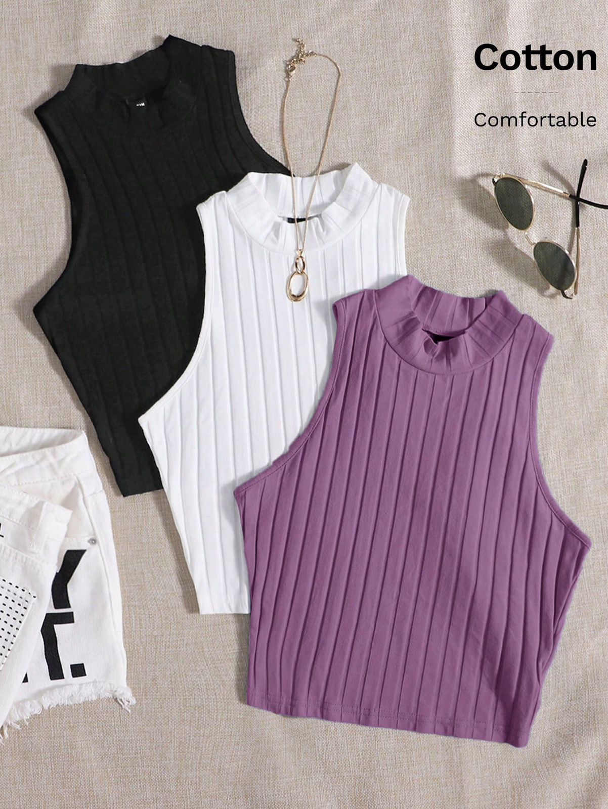 SHEIN EZwear Conjunto De Verano De 3 Piezas De Top De Tanque De Punto Acanalado De Cuello Alto