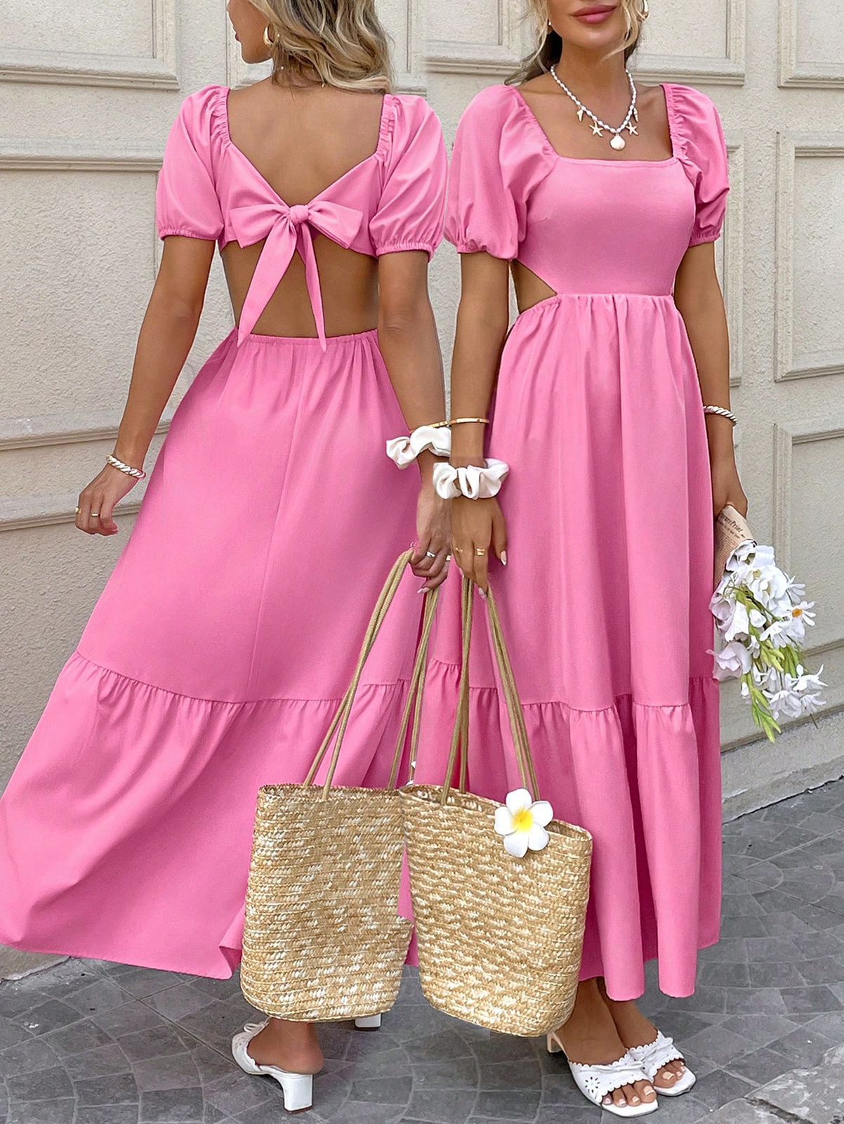 Breezaya Vestido largo de vacaciones de verano para mujer con cuello cuadrado, manga abullonada y unicolor, atuendo para playa y vacaciones