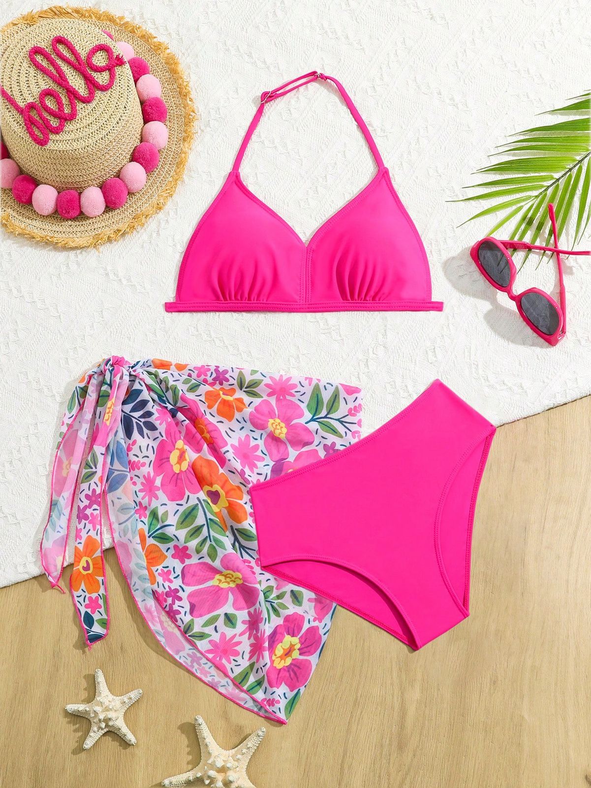 SHEIN Conjunto de bikini de unicolor con cuello halter y conjunto de bikini con falda de estampado floral para niña preadolescente, playa de verano