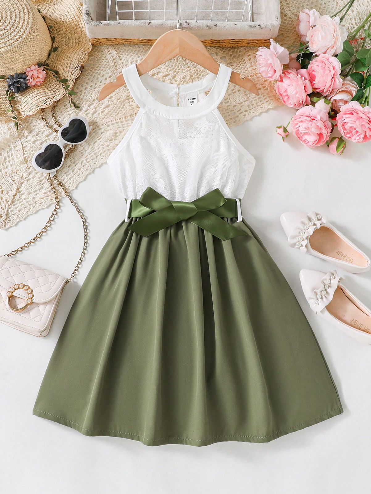 Vestido verde con empalmado de corpiño de encaje, cinturón y sin mangas para niñas, conjunto casual y elegante para vacaciones
