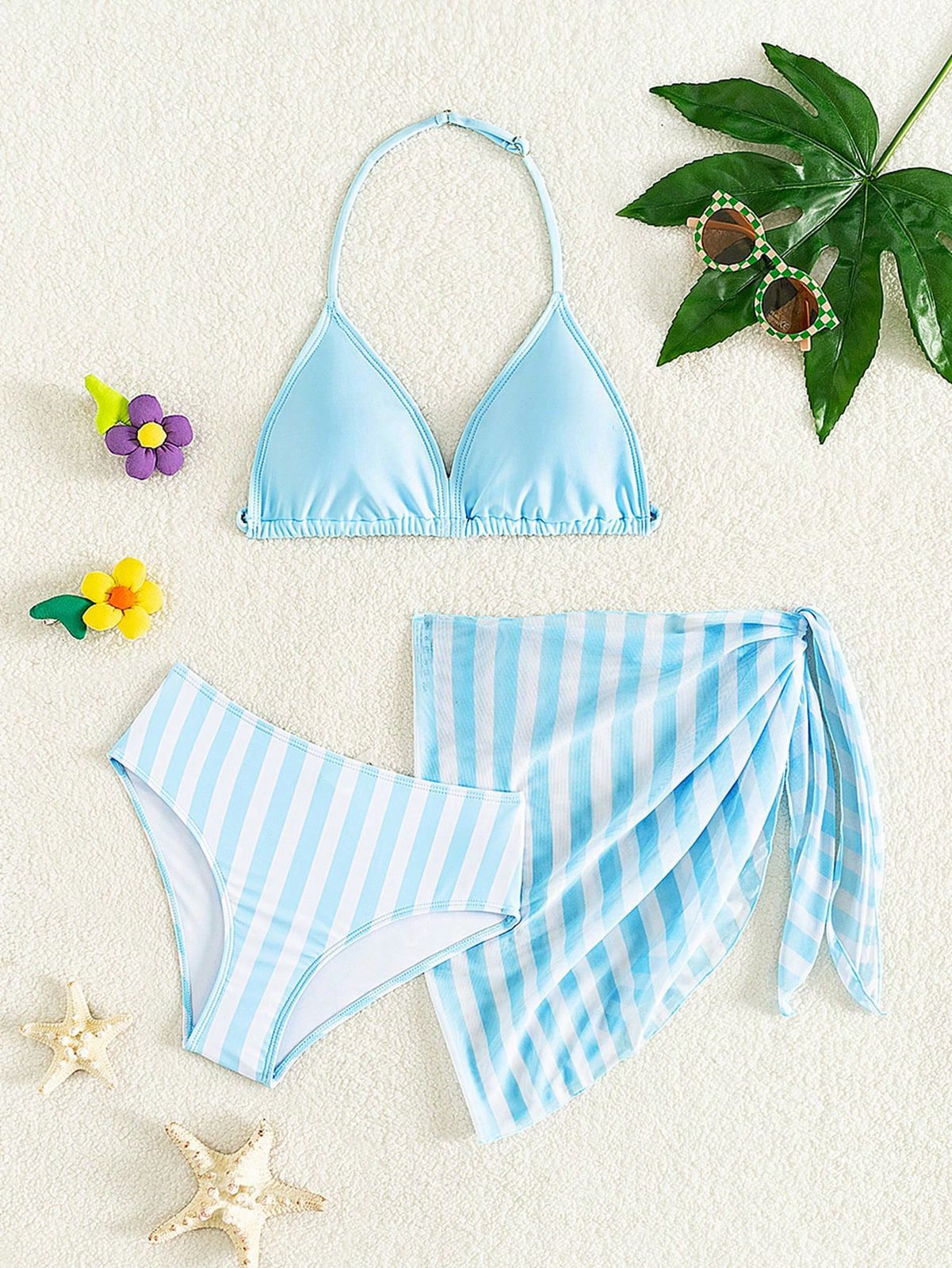 Conjunto de bikini a rayas lindo con falda tipo pareo de tres piezas para niña preadolescente, conjunto de verano para la playa