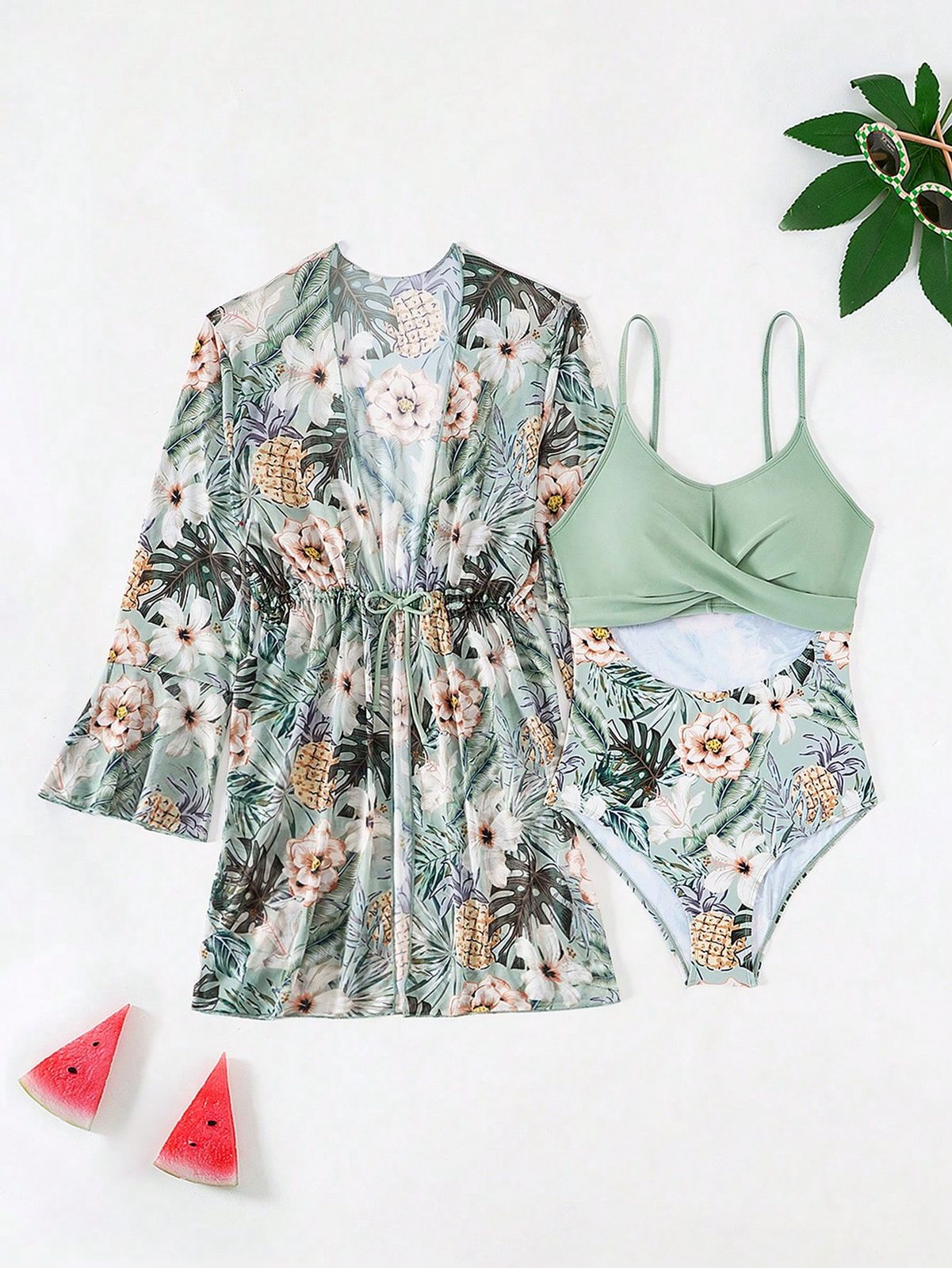 Traje De Baño Y Pareo De Una Pieza Con Estampado Tropical Para Adolescente