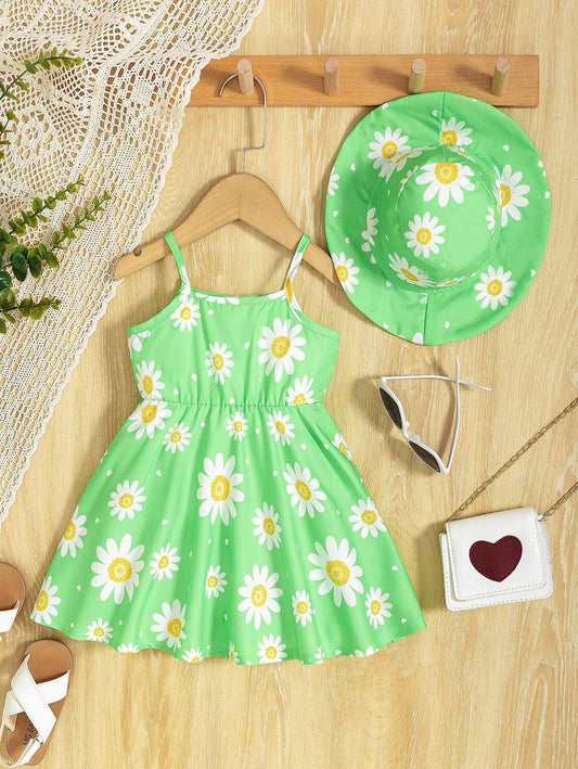 Vestido con Sombrero para Niña Verde con Margaritas