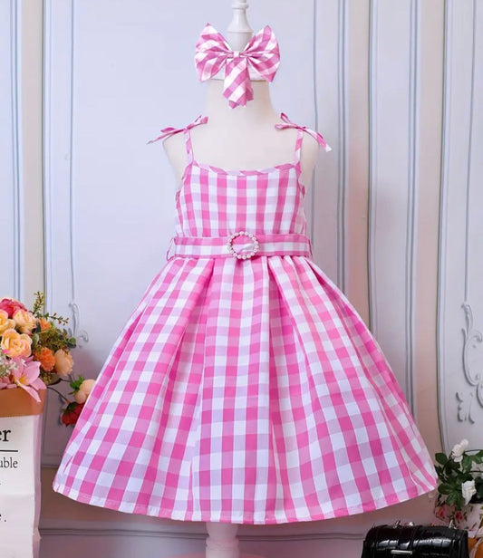 Vestido Niña  Barbie Con Moño y Faja Cuadriculado Rosa y Blanco