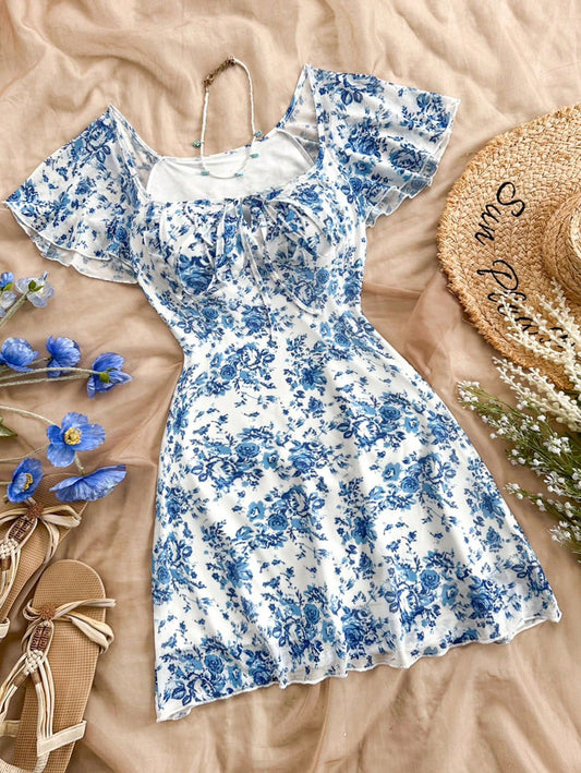 Midi Dress Blanco y Florecitas Azules