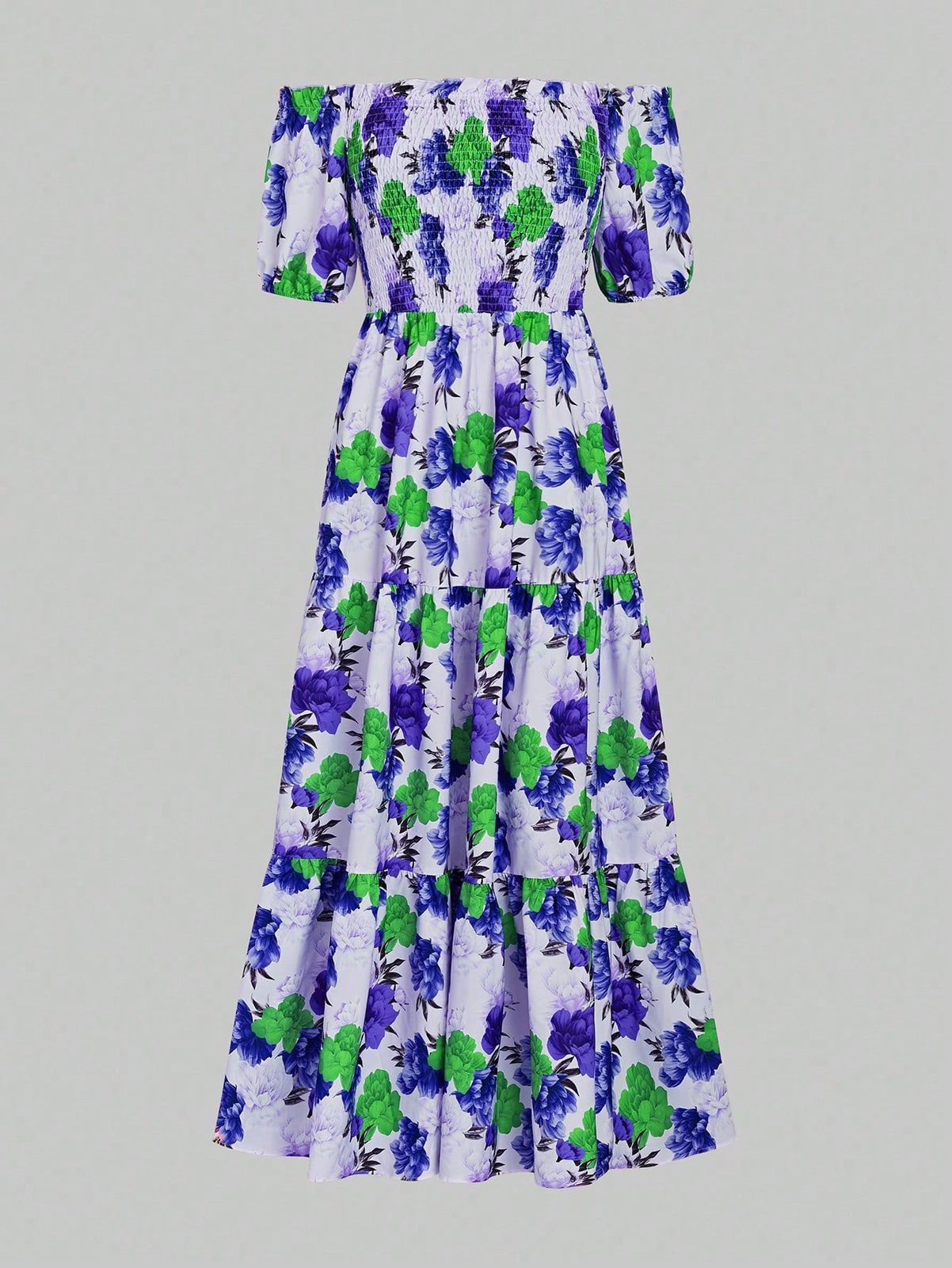 Maxi Dress Campesino Blanco con Flores Moradas y Verde