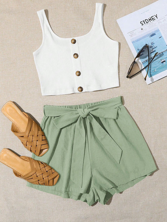 Conjunto Mujer Top Blanco Short Verde