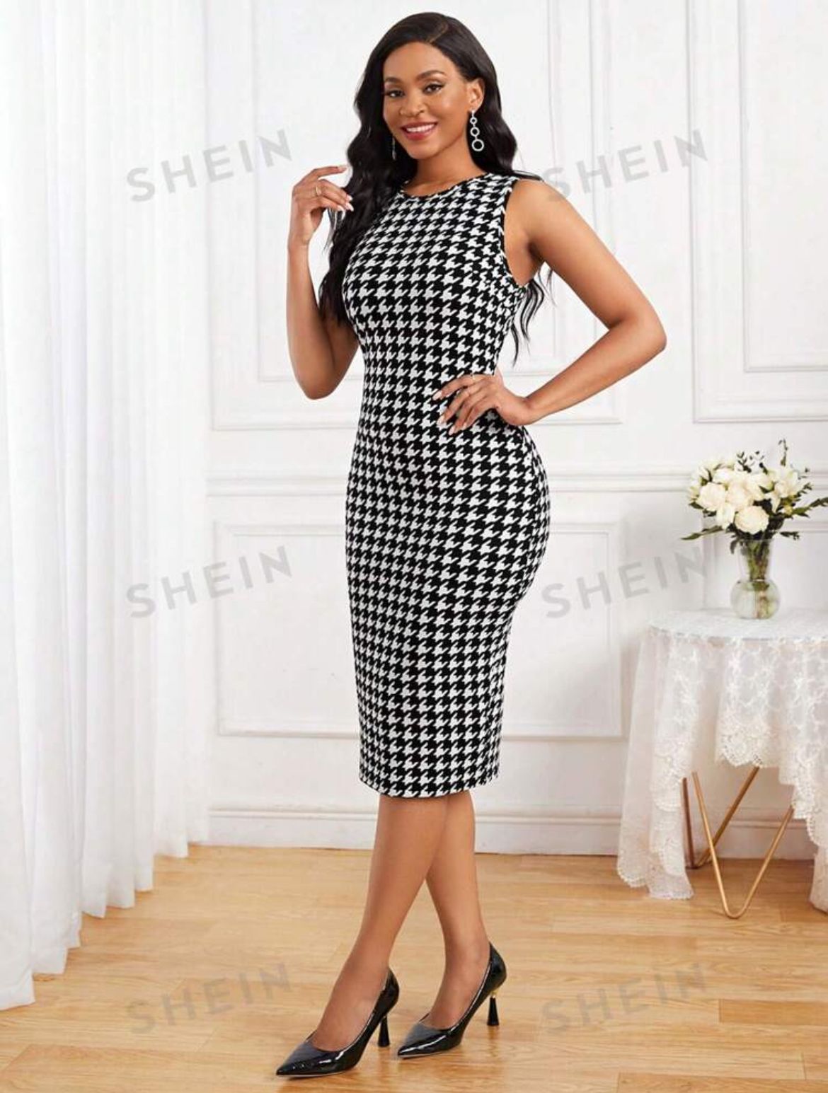 SHEIN Lady 2 piezas Conjunto de vestido y chaqueta elegante con estampado de pata de gallo para mujer, primavera y otoño