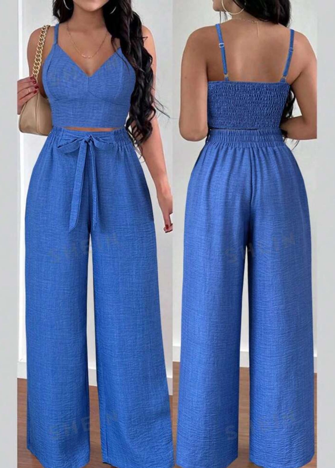 SHEIN Raffinéa 2 piezas Conjunto de vacaciones para mujer con top de tirantes con decoración de lazo y pantalones de pierna recta, conjunto de 2 piezas azul