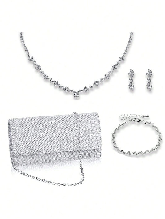 Conjunto De Collar, Pulsera Y Aretes De Moda Elegante Para Mujer, Llenos De Brillo Y Con Detalles De Diamantes De Imitación, Con Bolsa De Noche, De Hombro Y Clutch Para Fiesta, Boda, Promoción O Banquete, Perfecto Para Regalar A Mujeres, Novias Y Chicas.