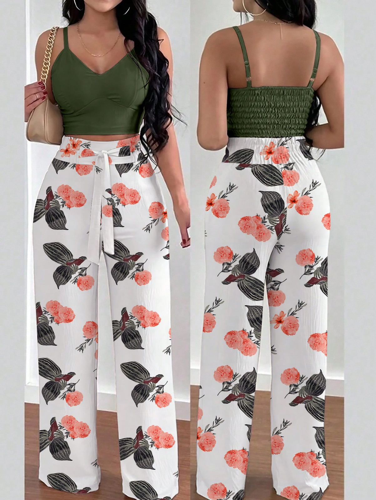 SHEIN LUNE 2 piezas/conjunto Parte superior corta sin espalda con tirantes y estampado floral y pantalones de pierna ancha con cintura elástica para mujer