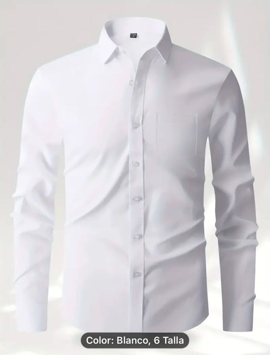 Camisas de vestir de diseño de solapa de color liso para hombre con bolsillo en el pecho, camisa casual de manga larga con botones para ocasiones formales