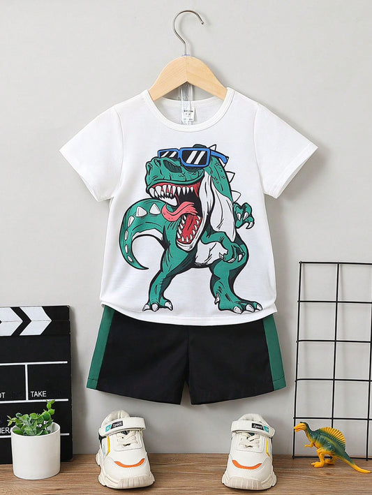 SHEIN Conjunto de pantalones cortos y top con cuello redondo y manga corta informal con estampado de dinosaurio para niño joven para el verano